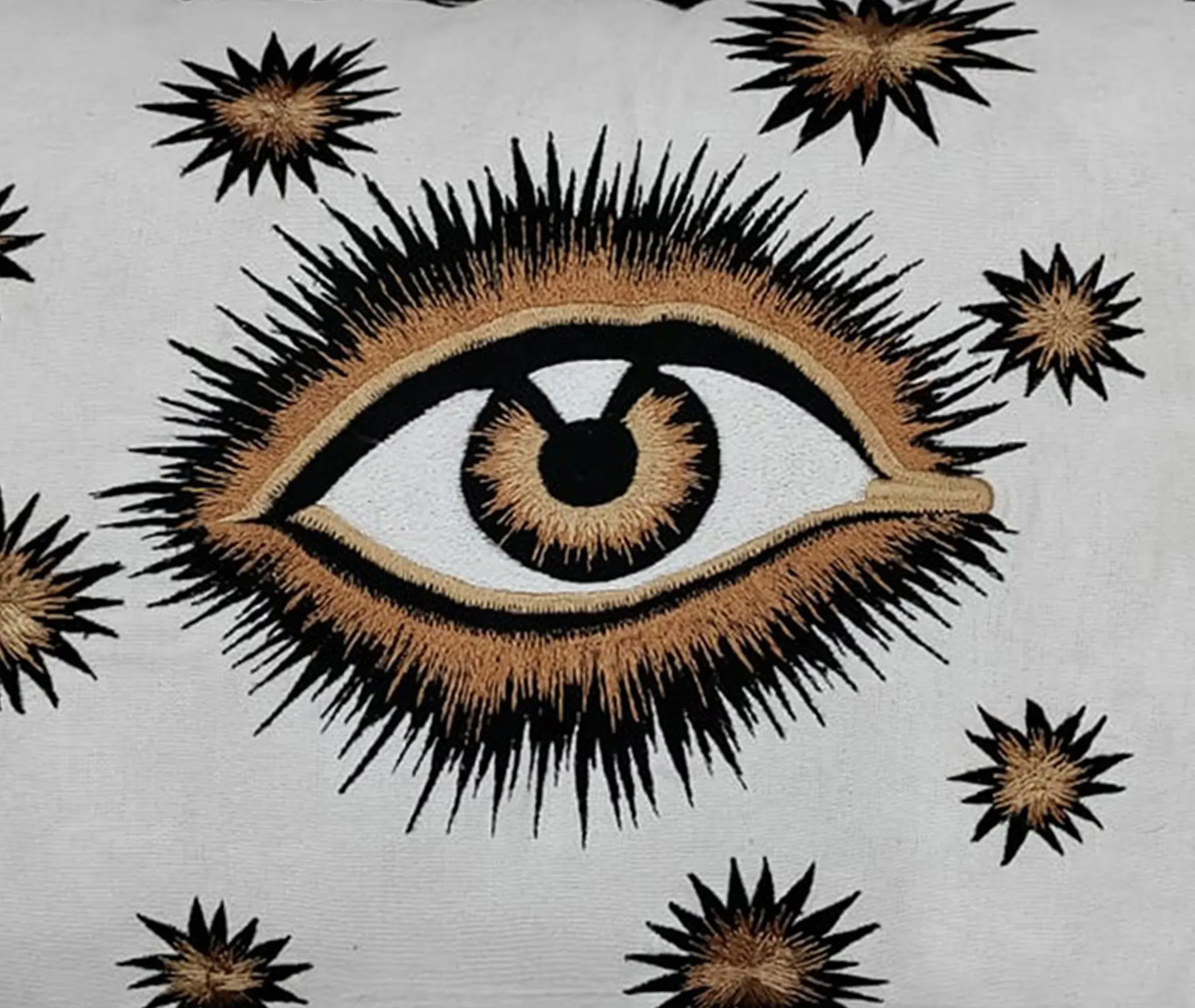 Embroidered Cushion with Eye Motif - White, Cotton