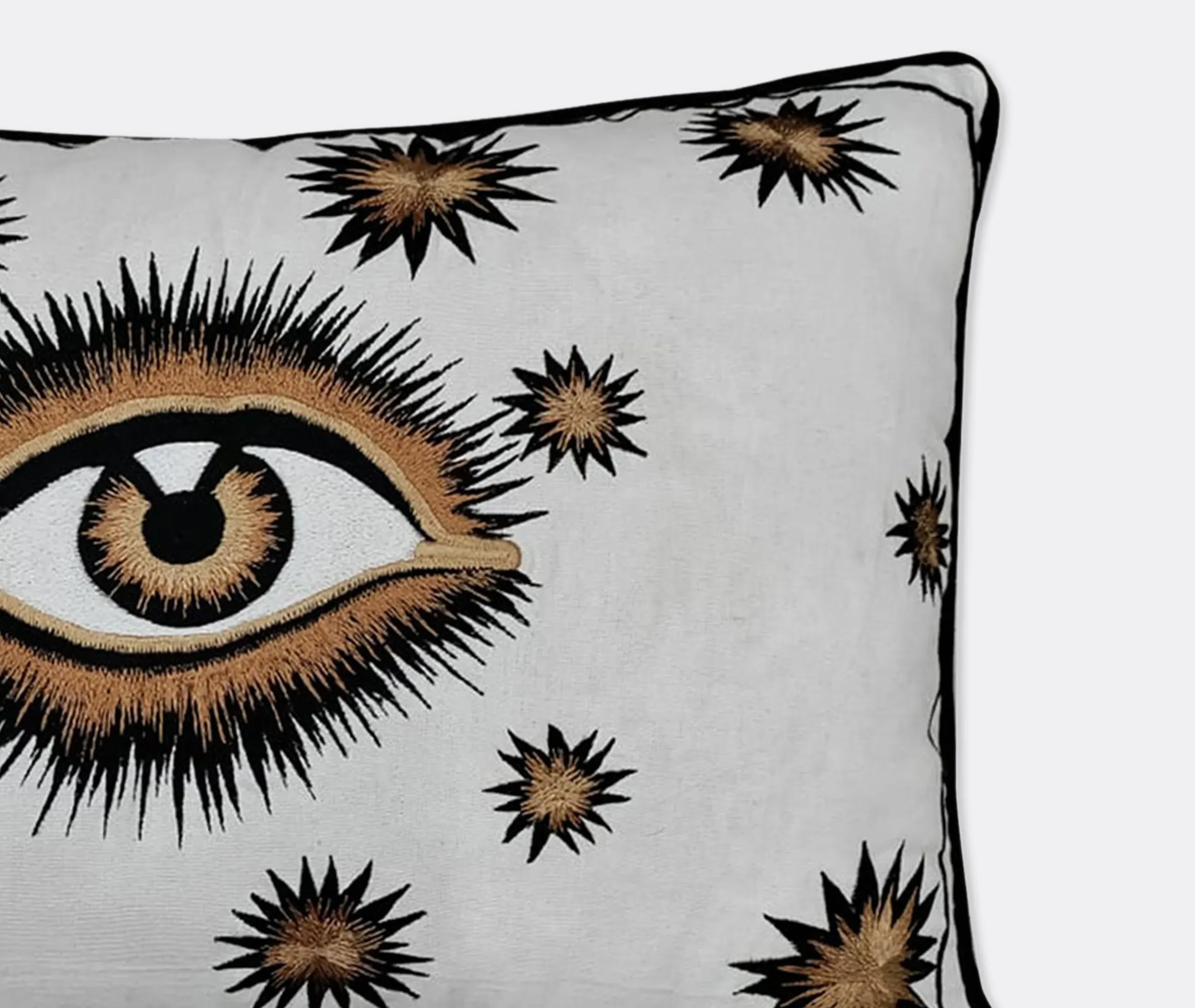 Embroidered Cushion with Eye Motif - White, Cotton