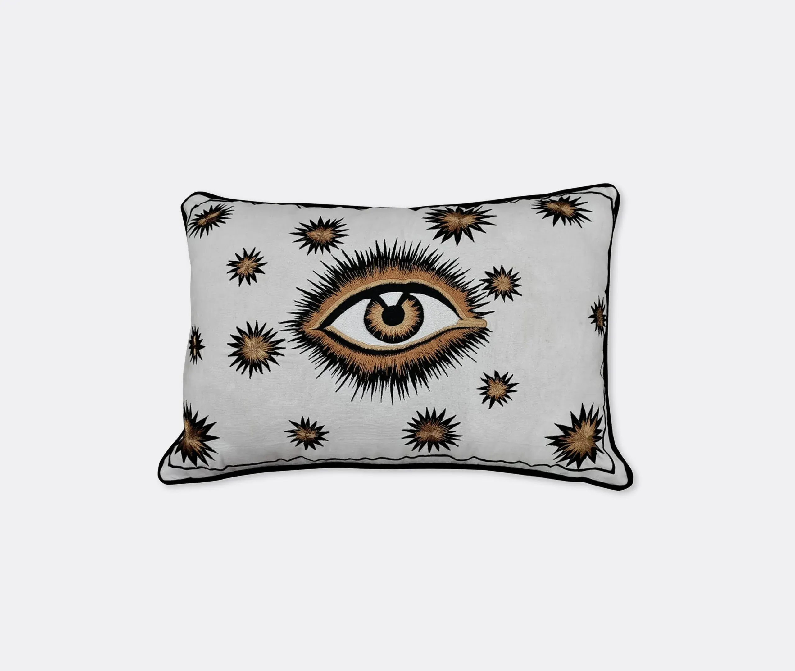 Embroidered Cushion with Eye Motif - White, Cotton