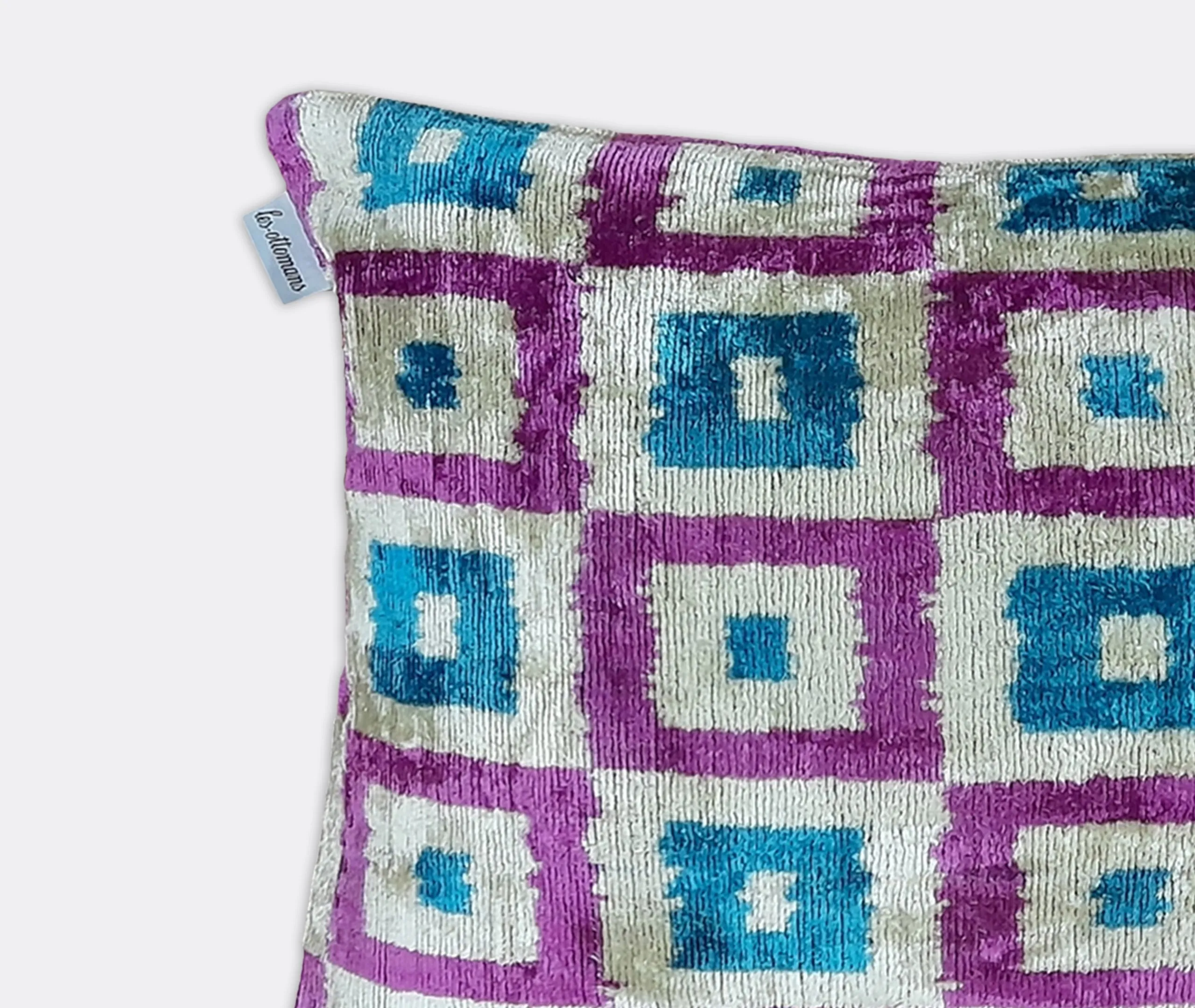 Handwoven Velvet Cushion with Square Pattern - Blue, Cotton