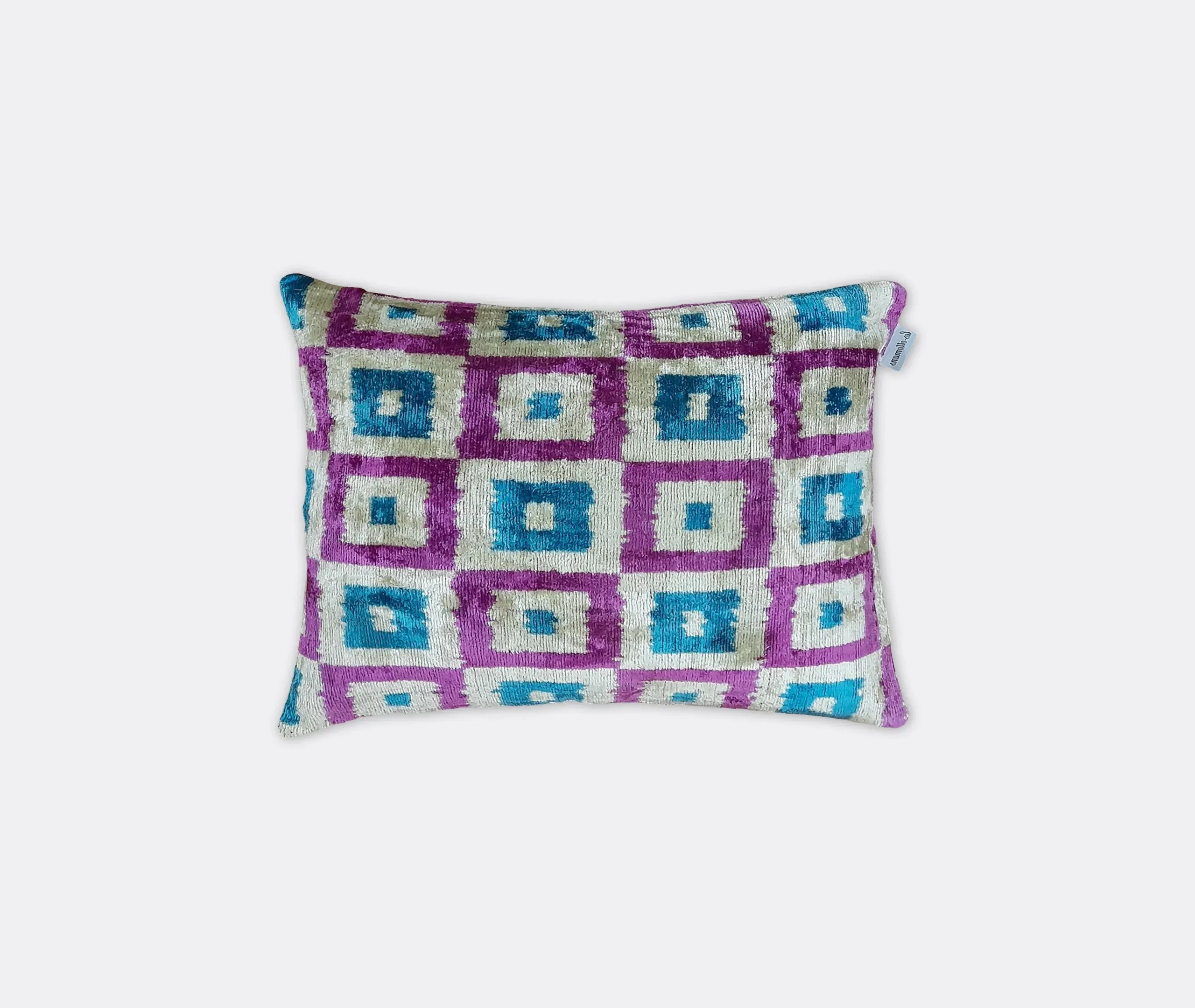 Handwoven Velvet Cushion with Square Pattern - Blue, Cotton
