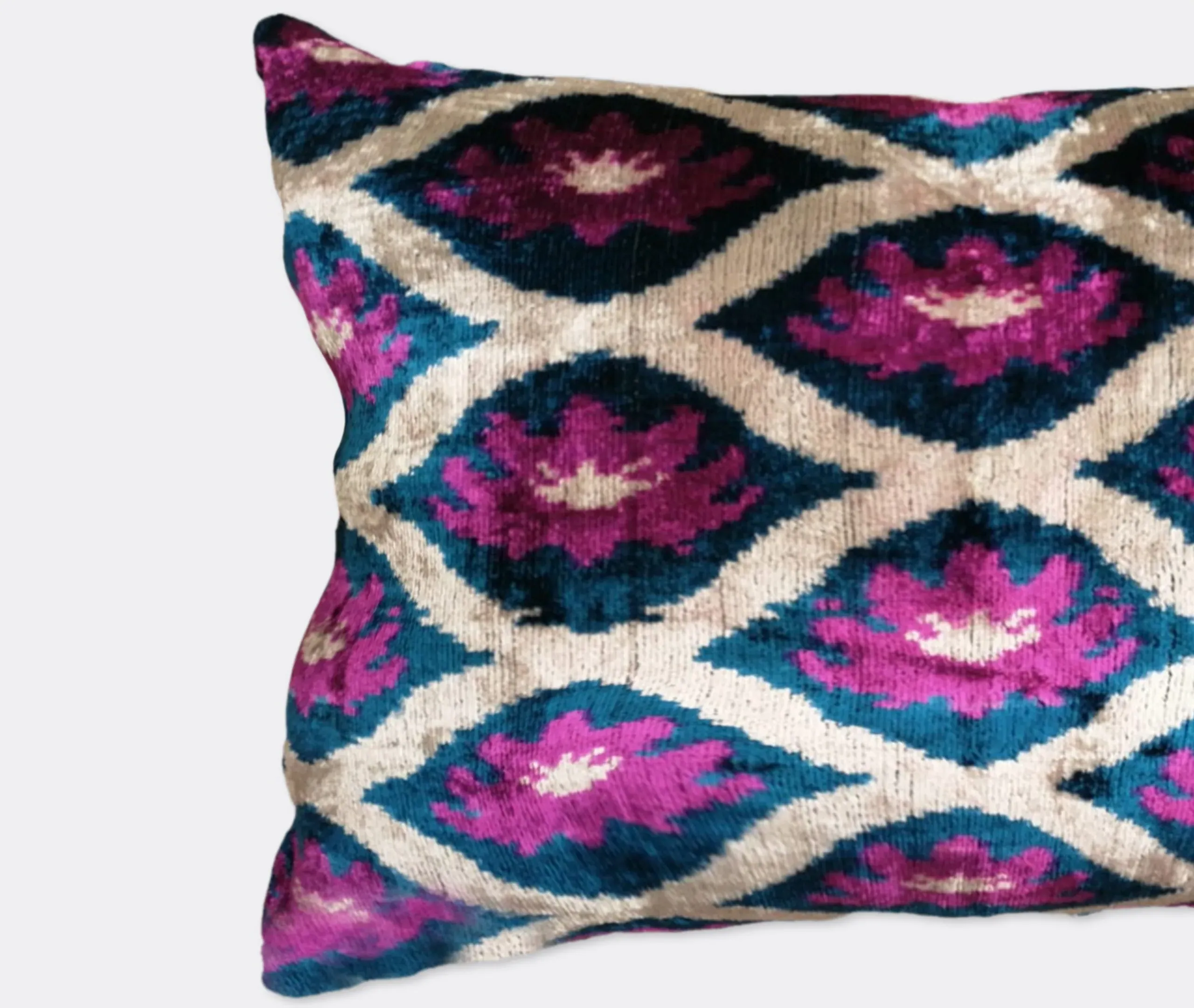 Rectangular Cushion with Ikat-Inspired Motif - Multicolor, Velvet