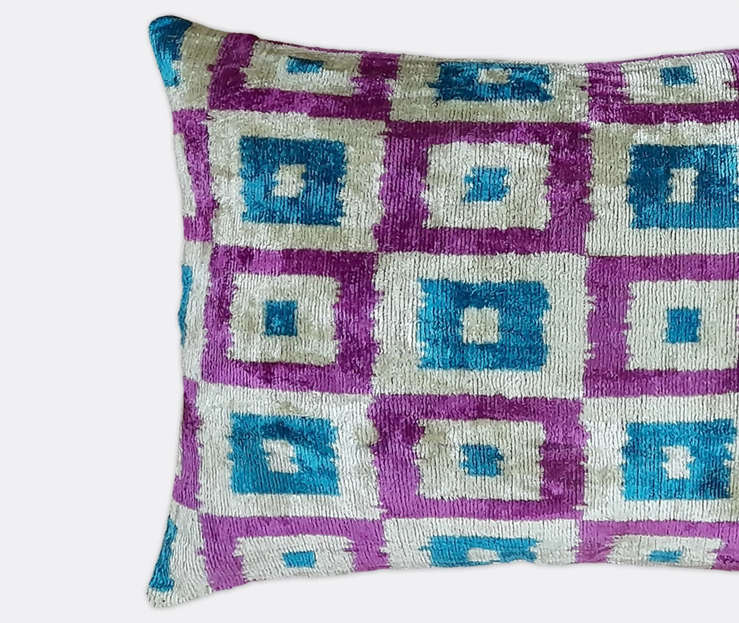 Rectangular Cushion with Square Pattern - Multicolor, Velvet