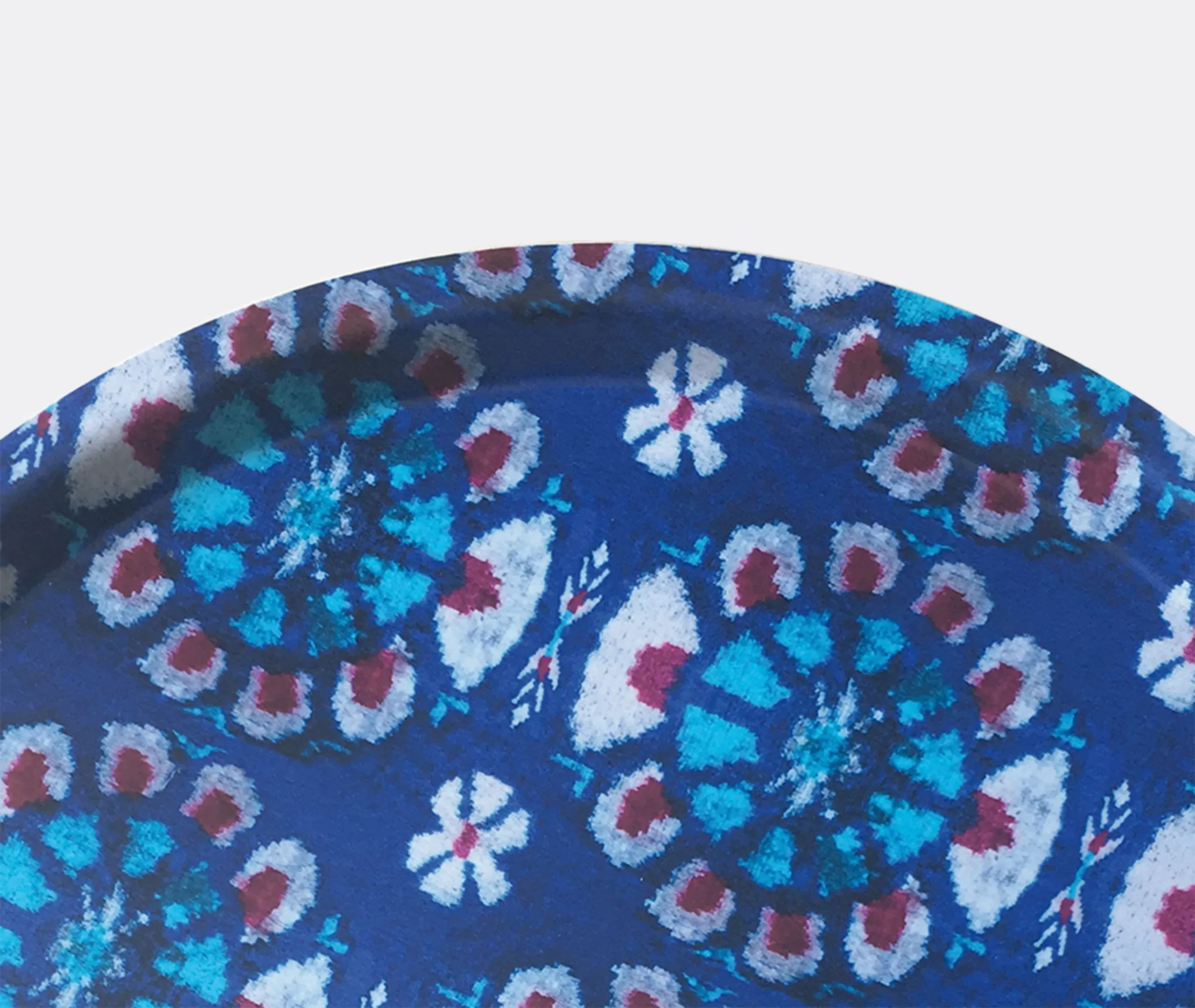 Round Serving Tray with Ikat Pattern - Blue, Wood