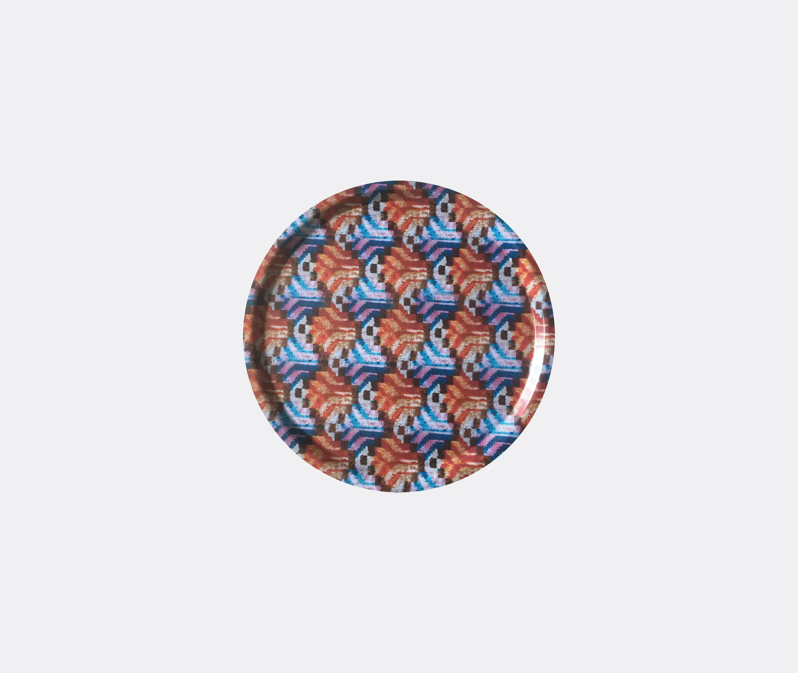 Round Serving Tray with Ikat Pattern - Orange, Wood