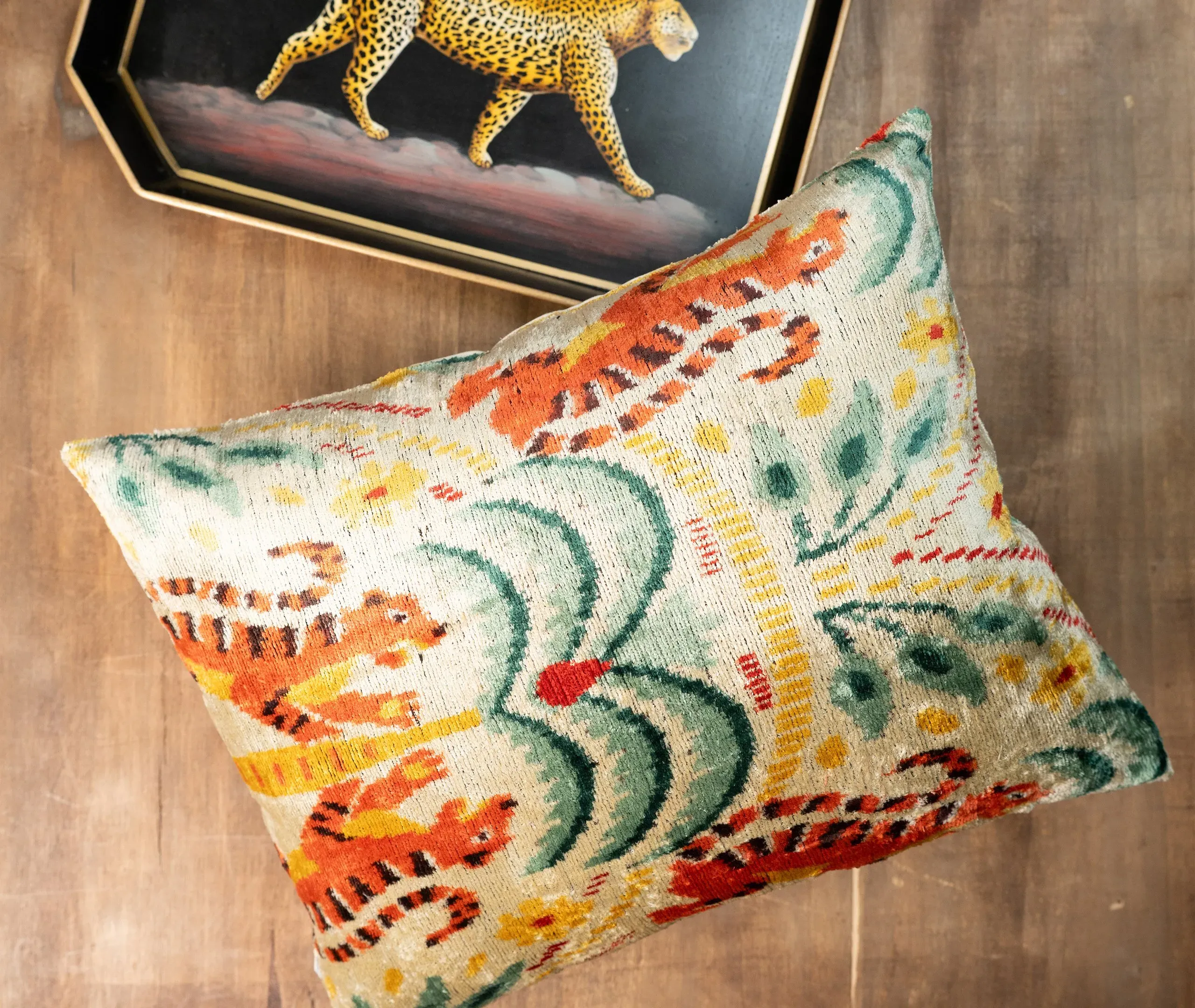 Silk Velvet Cushion - Blue, Yellow and Orange, Silk