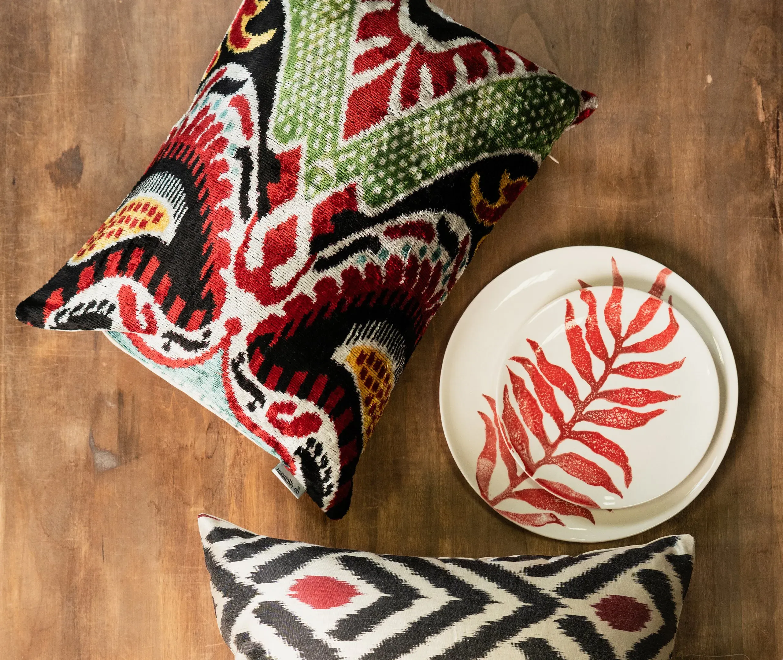 Silk Velvet Cushion with Botanical Pattern - Multicolor