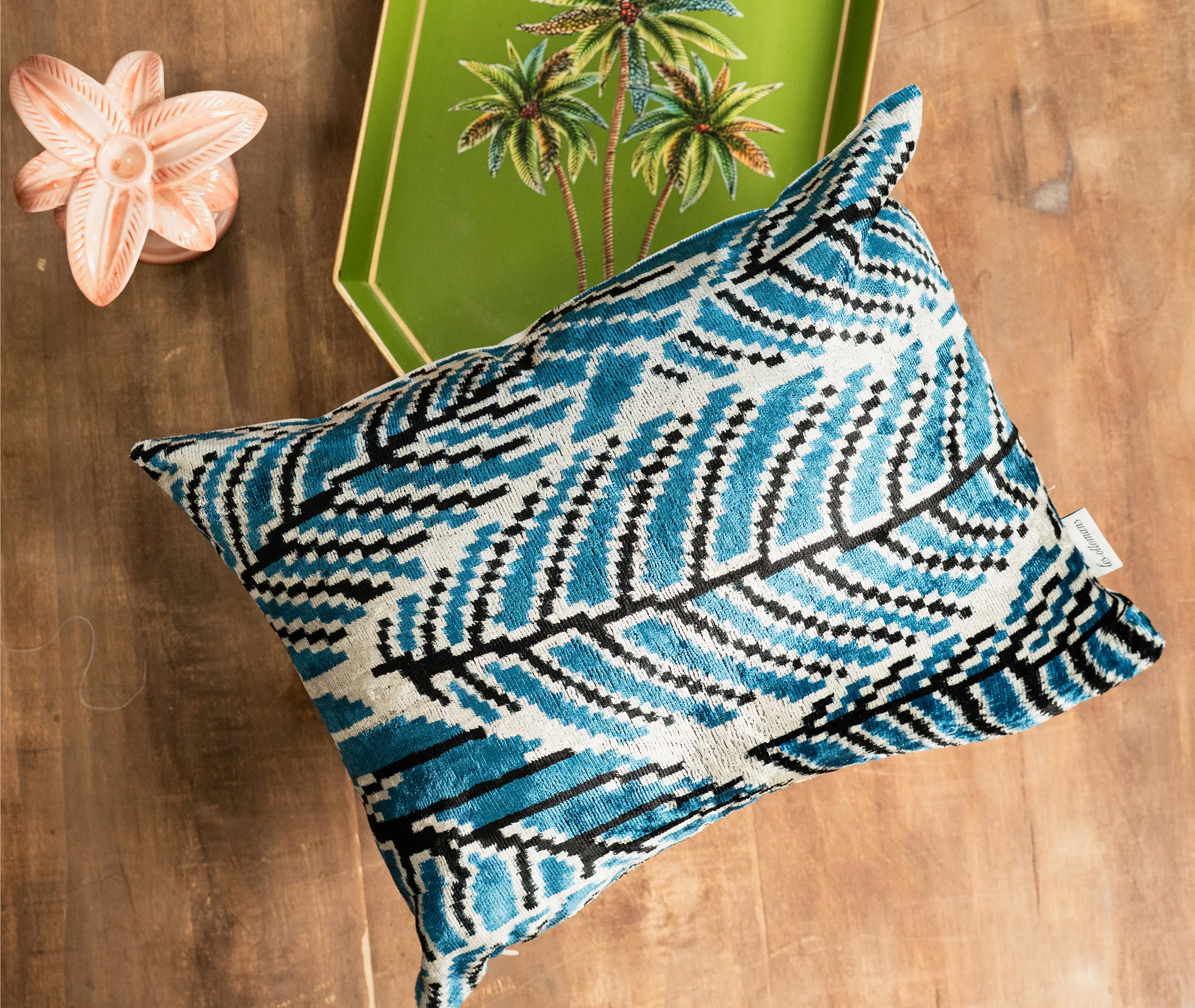 Silk Velvet Cushion with Leaf Pattern - Multicolor