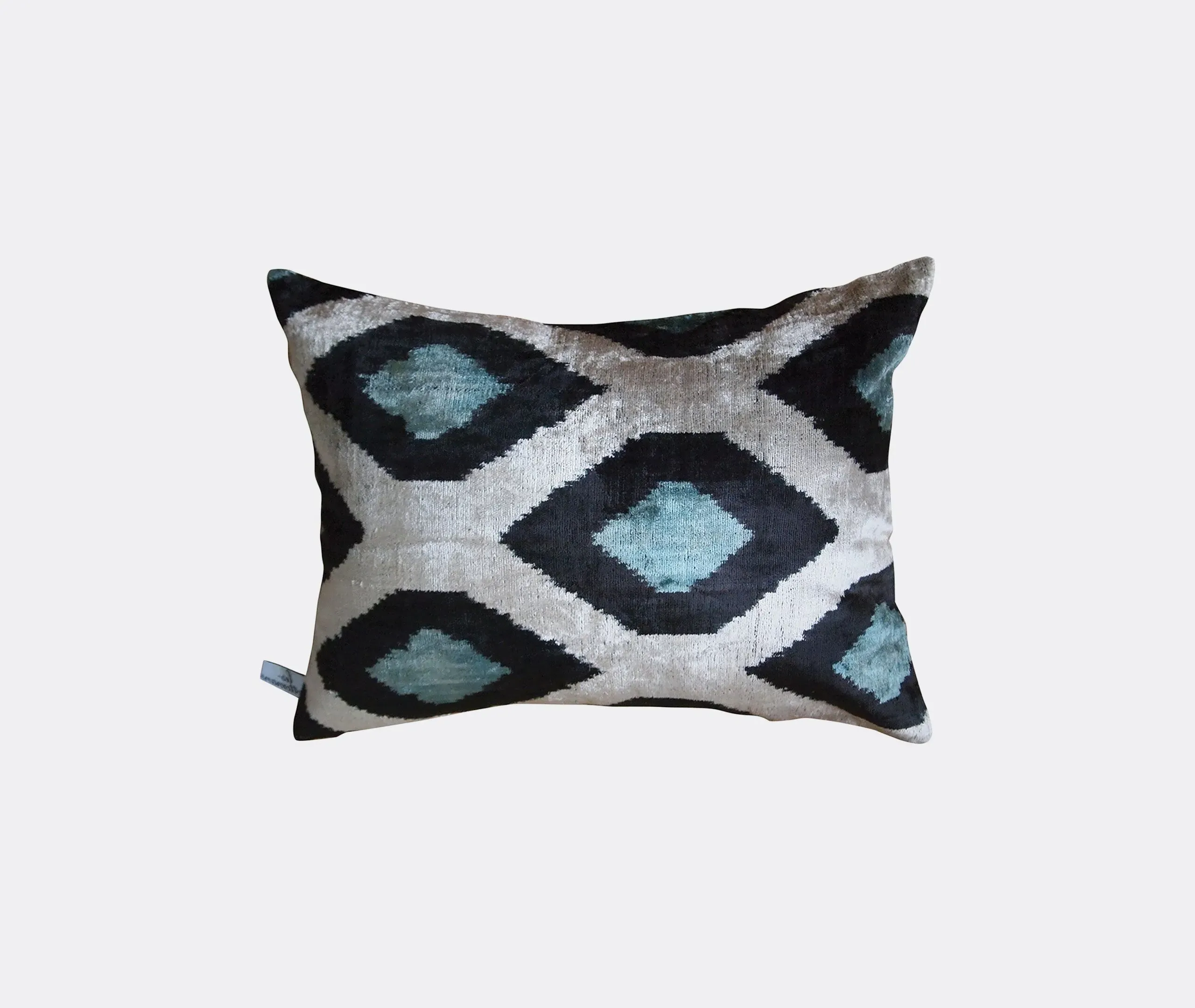 Silk Velvet Cushion with Pattern - White, Blue