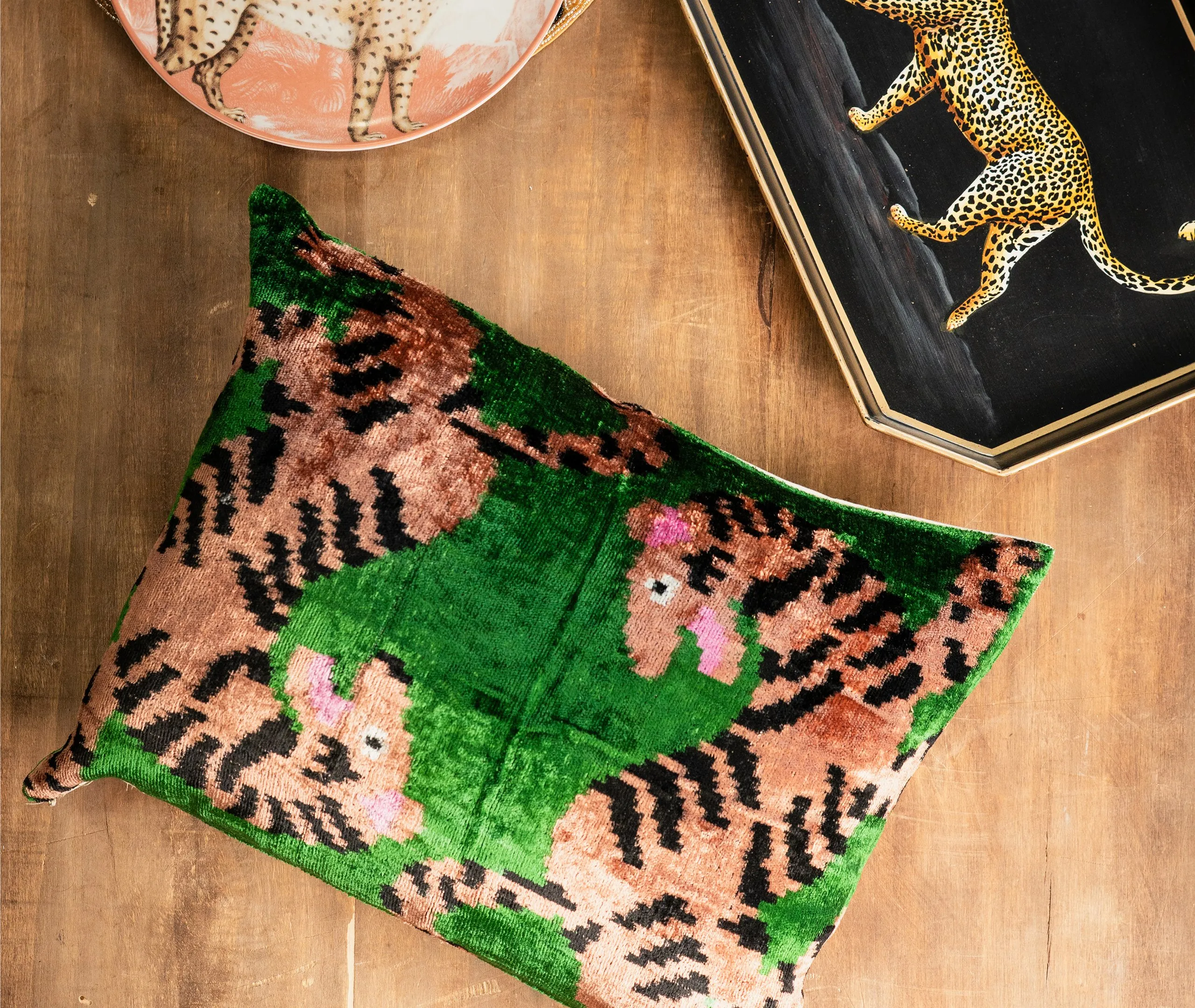 Silk Velvet Cushion with Tiger Pattern - Multicolor