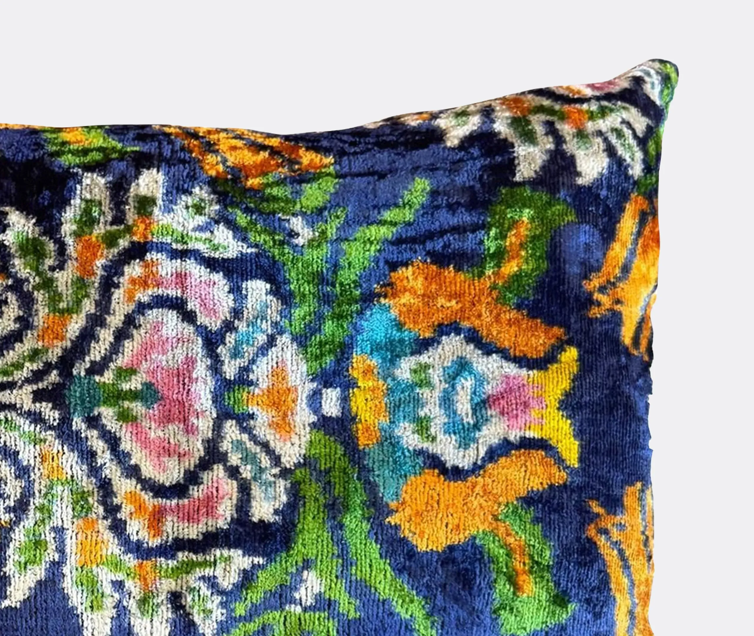 Velvet Cushion with Botanical Pattern - Blue, Silk