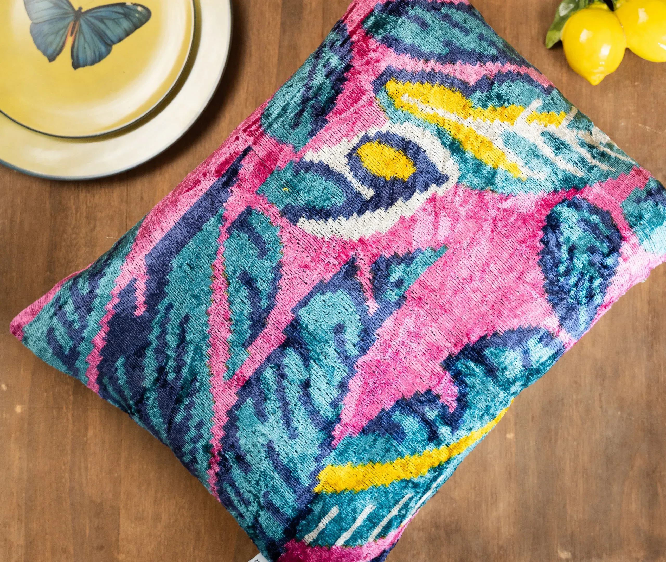 Velvet Cushion with Palm Motifs - Magenta, Silk