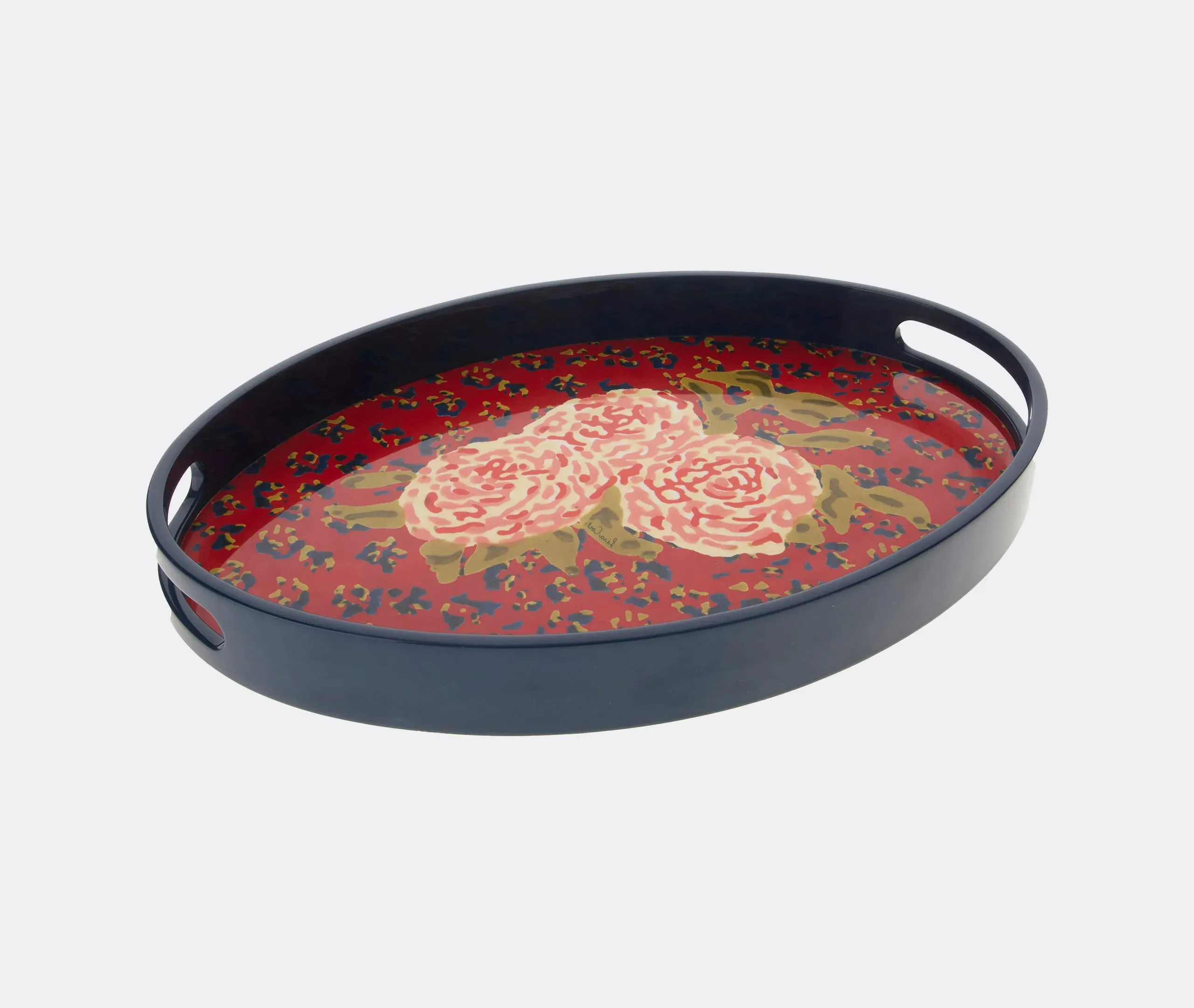 Lisa Corti Leopard Flower Oval Serving Tray - Red, Wood product