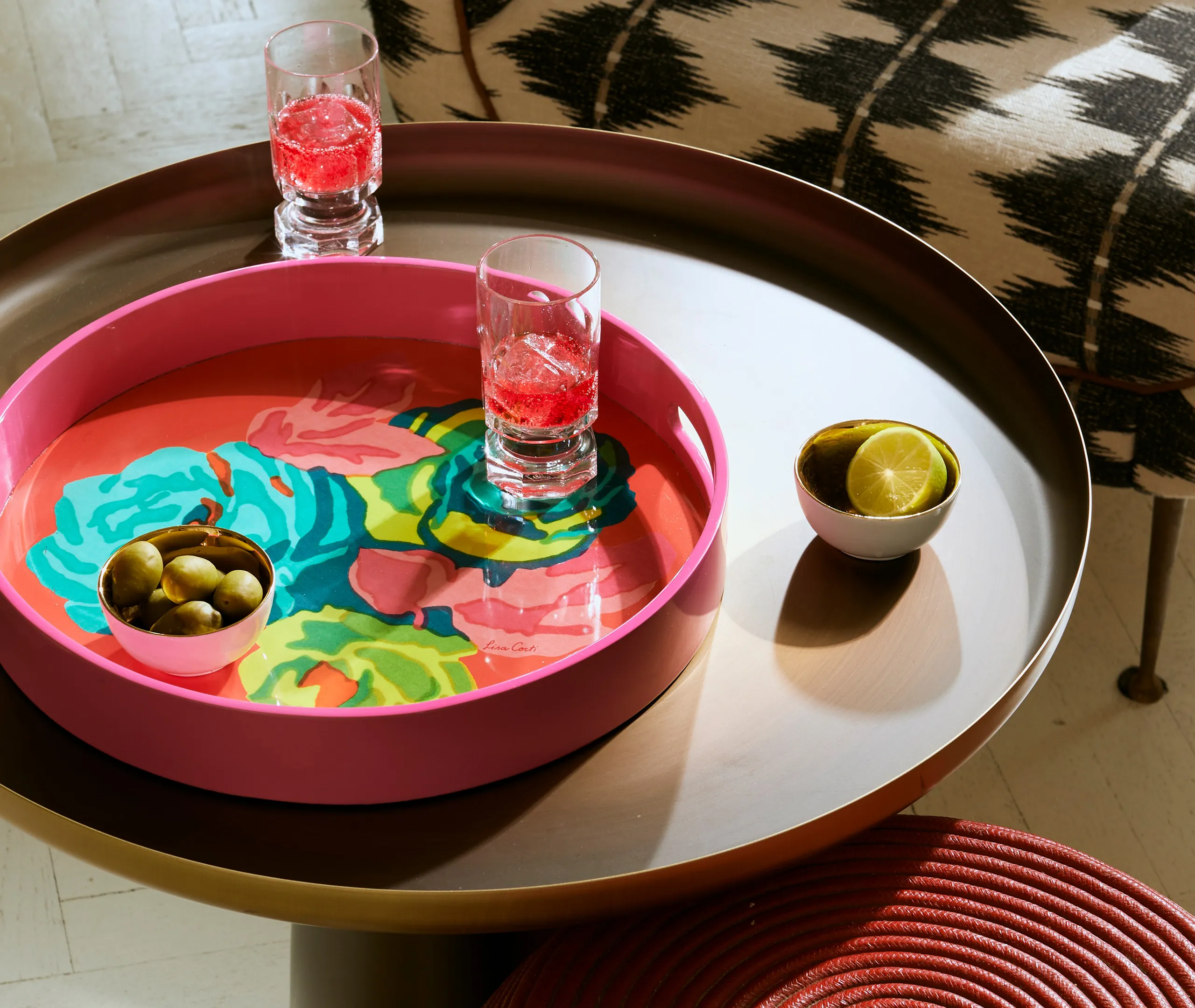 Nizam Flower Round Serving Tray - Geranium, Wood