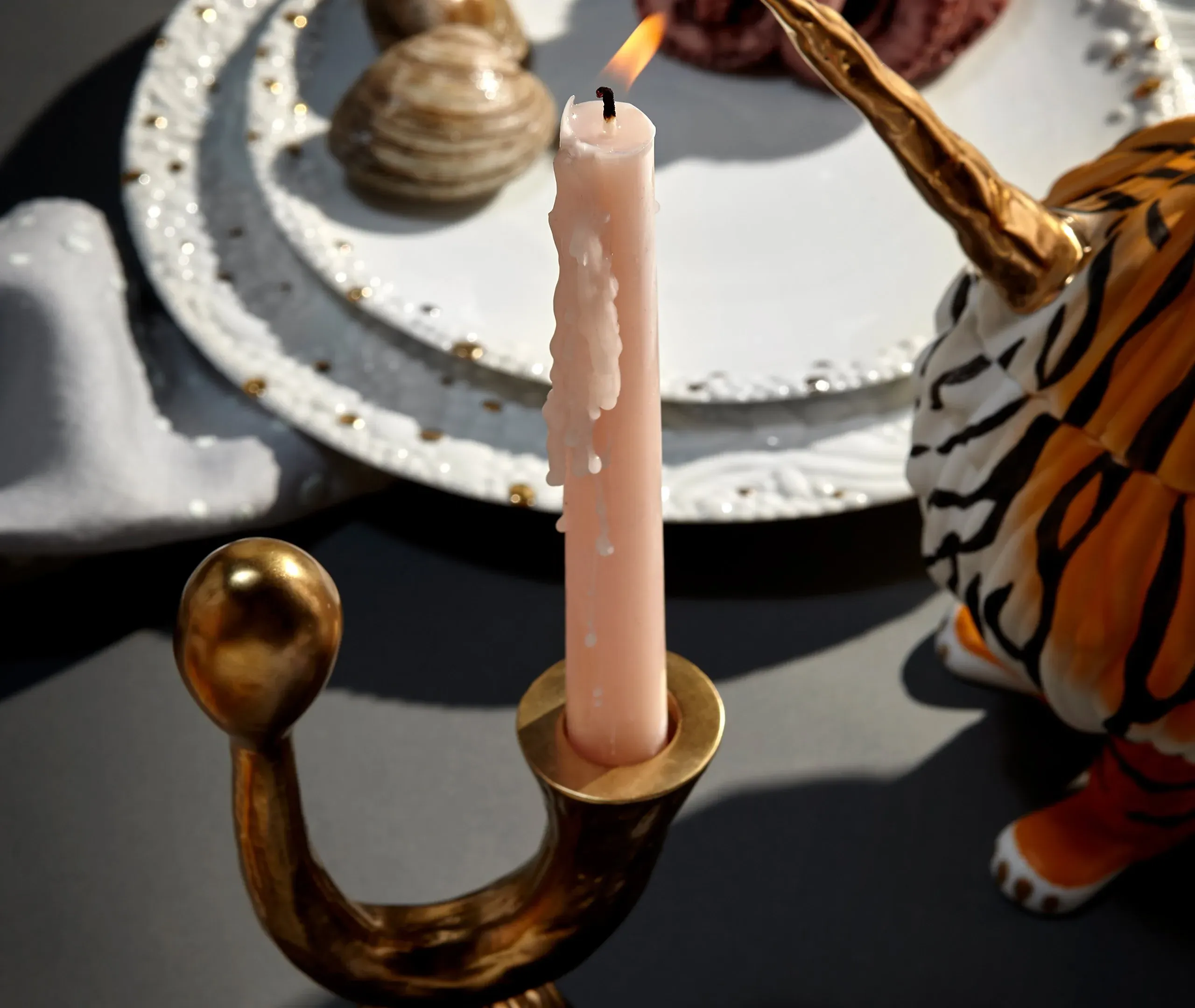Horn Candlestick Holder - Antique Gold, Brass
