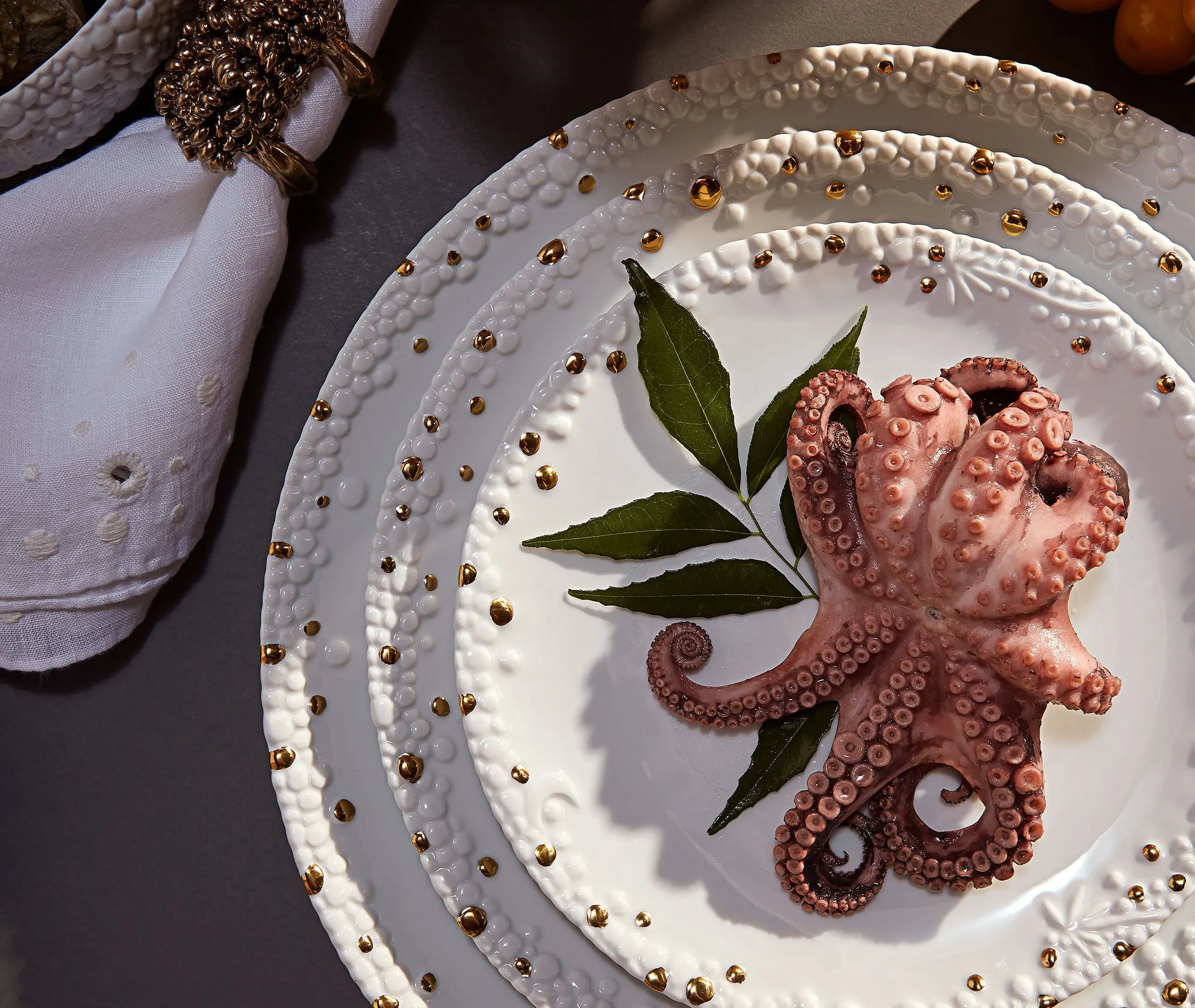 Round Dessert Plate with Gold Rim - White, Porcelain
