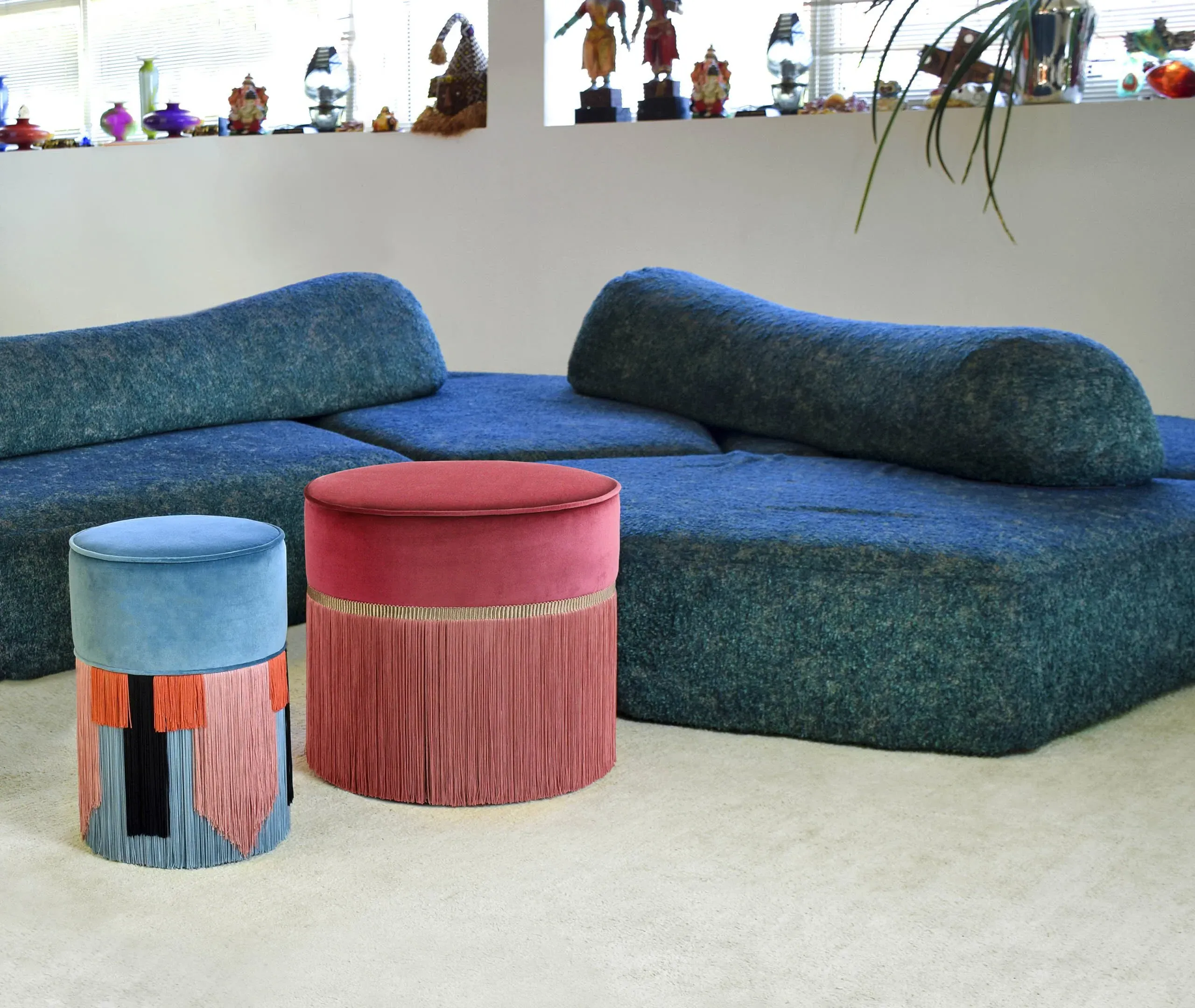 Geometric Ottoman with Tie Pattern - Blue