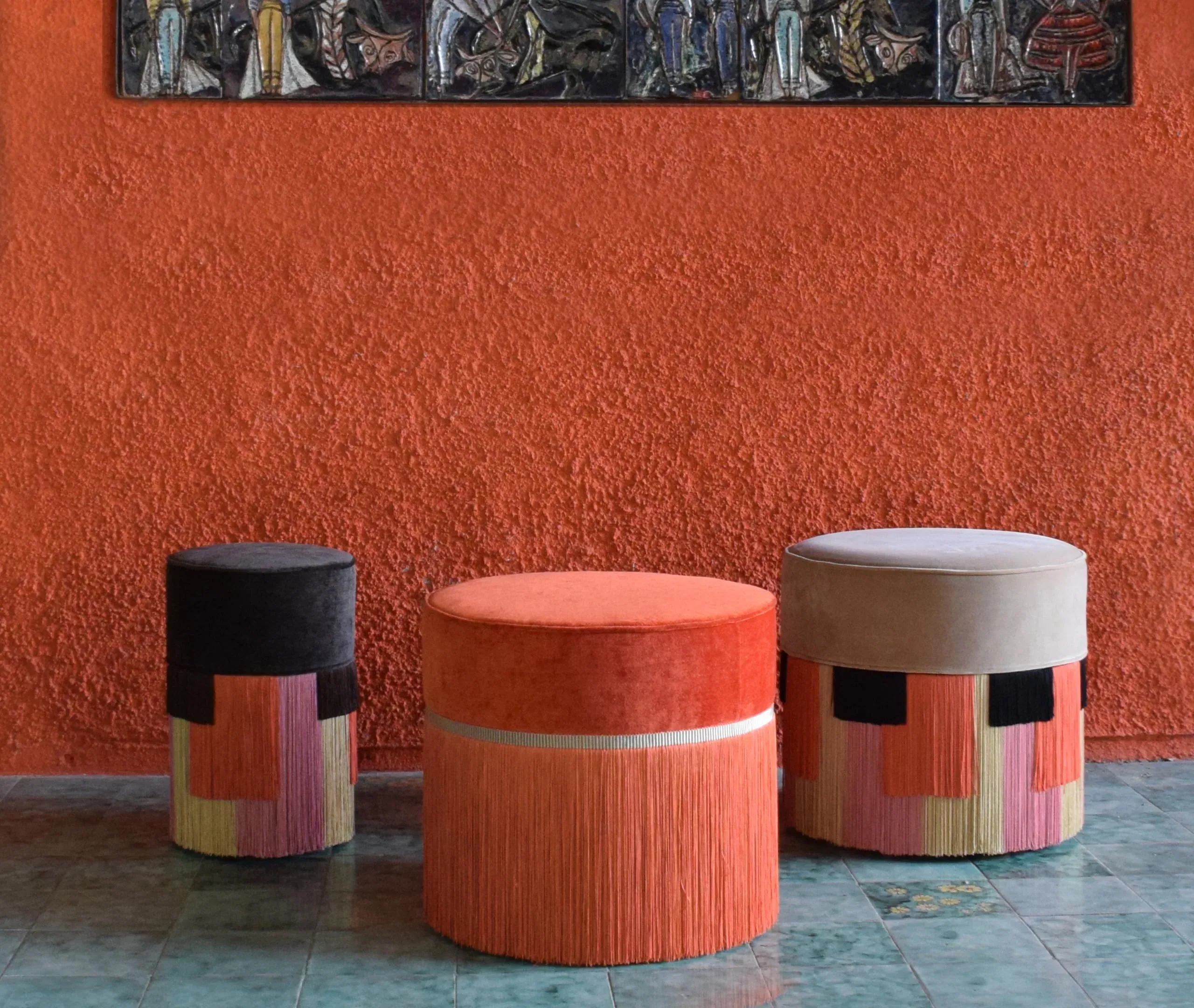 Geometric Stripe Ottoman - Brown, Fabric