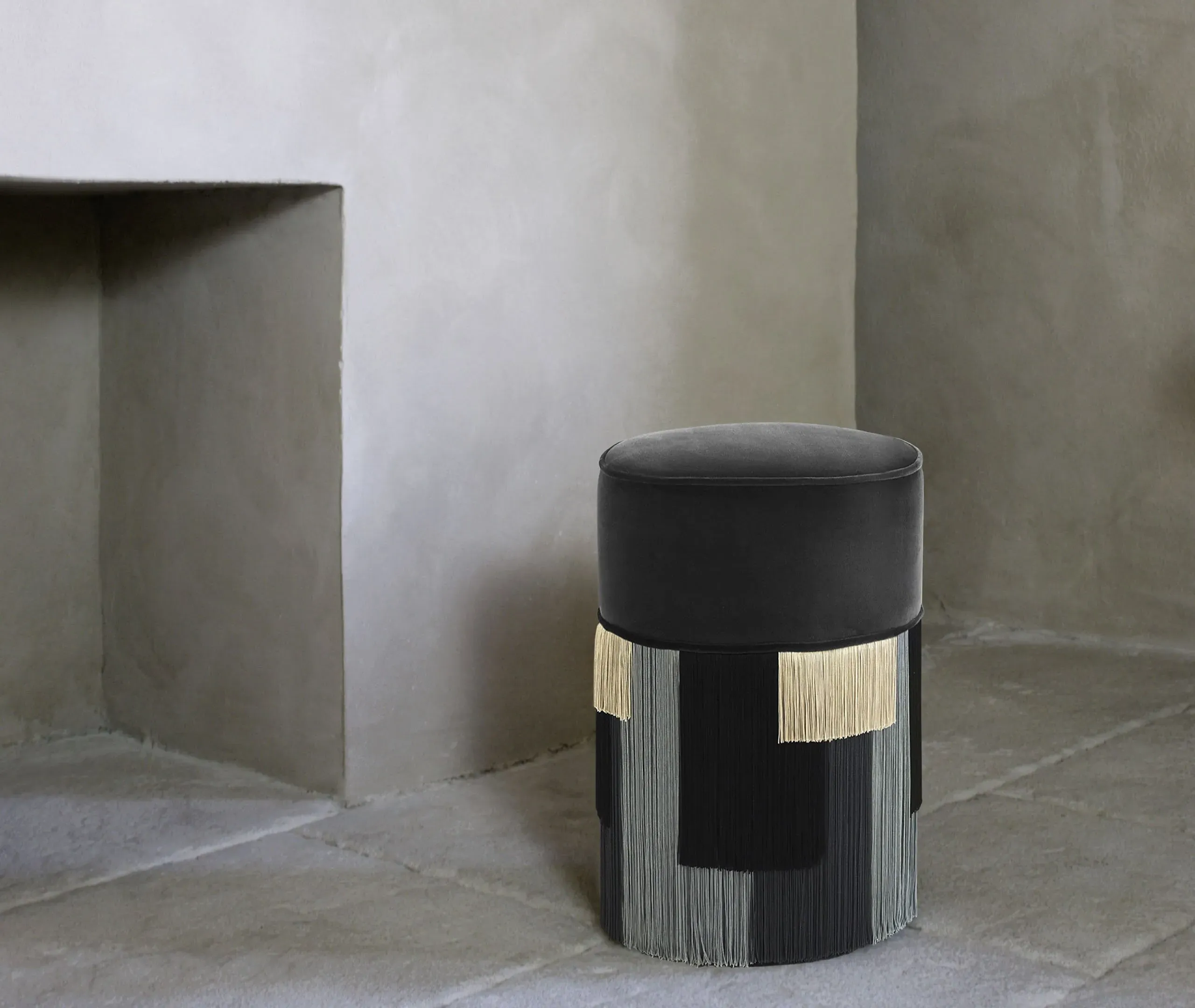 Geometric Stripe Ottoman - Grey, Fabric