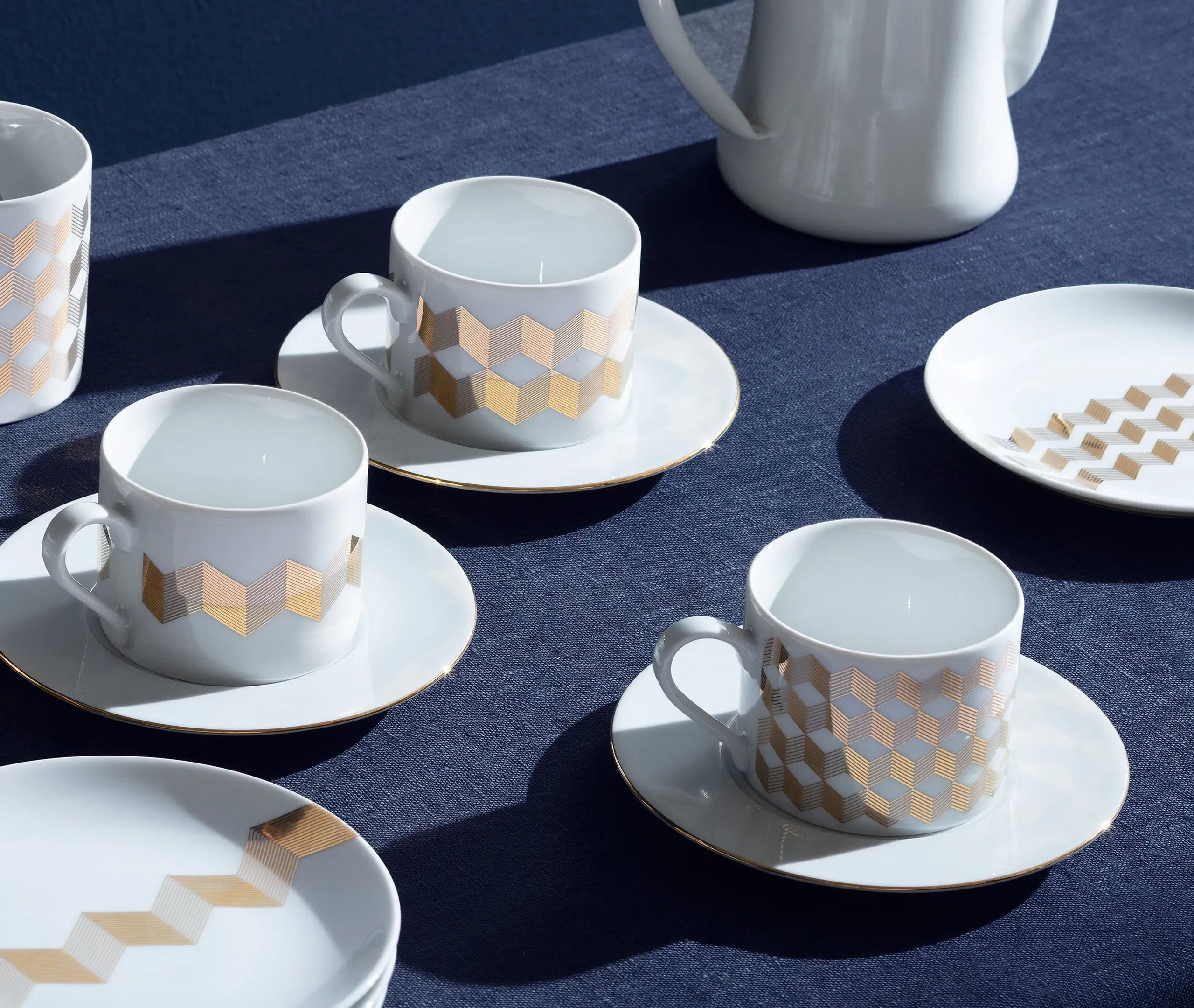 4-Piece Chevron Tea Plate Set - Gold, Porcelain