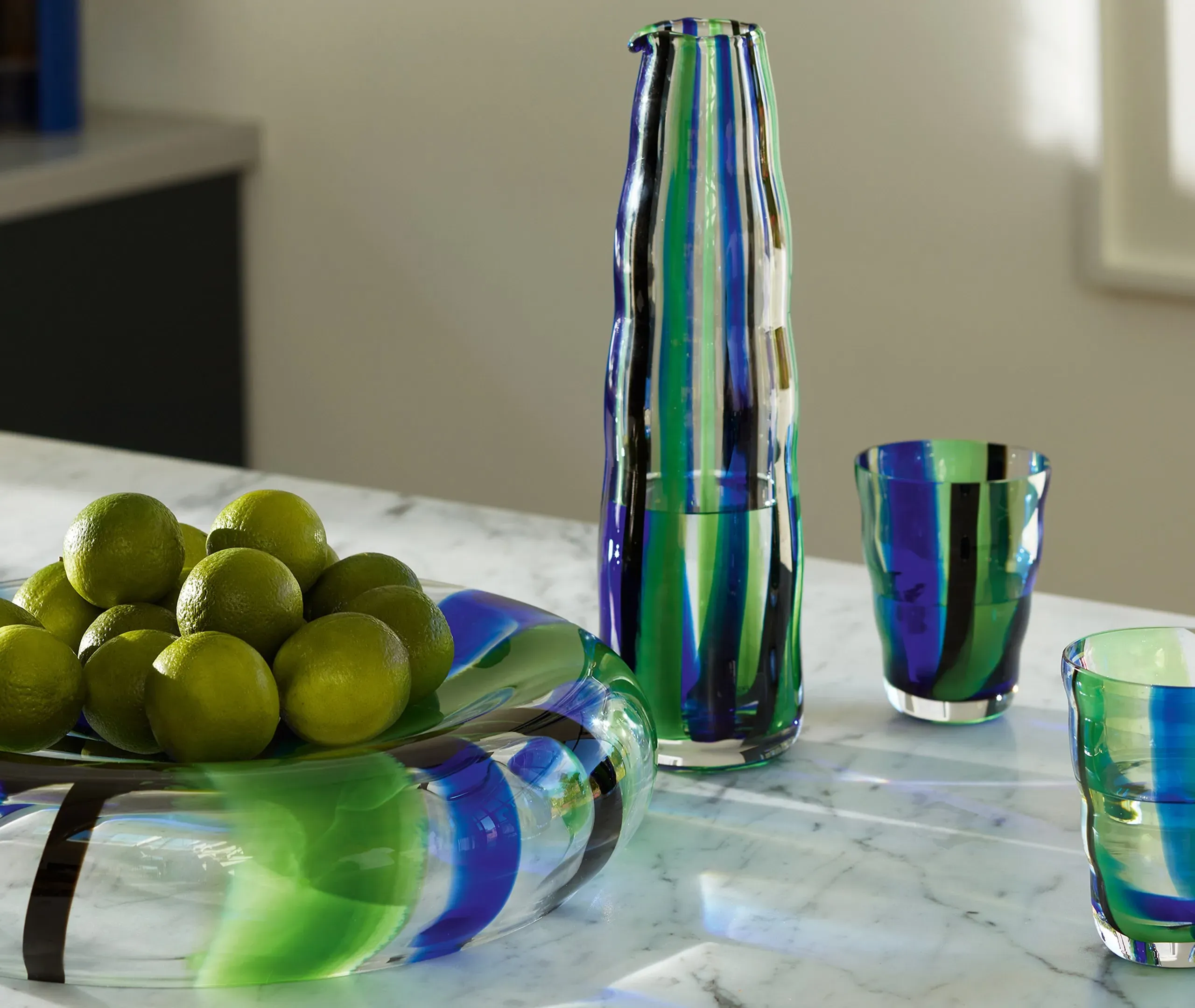 Reverse Bowl with Folk Design - Blue, Glass