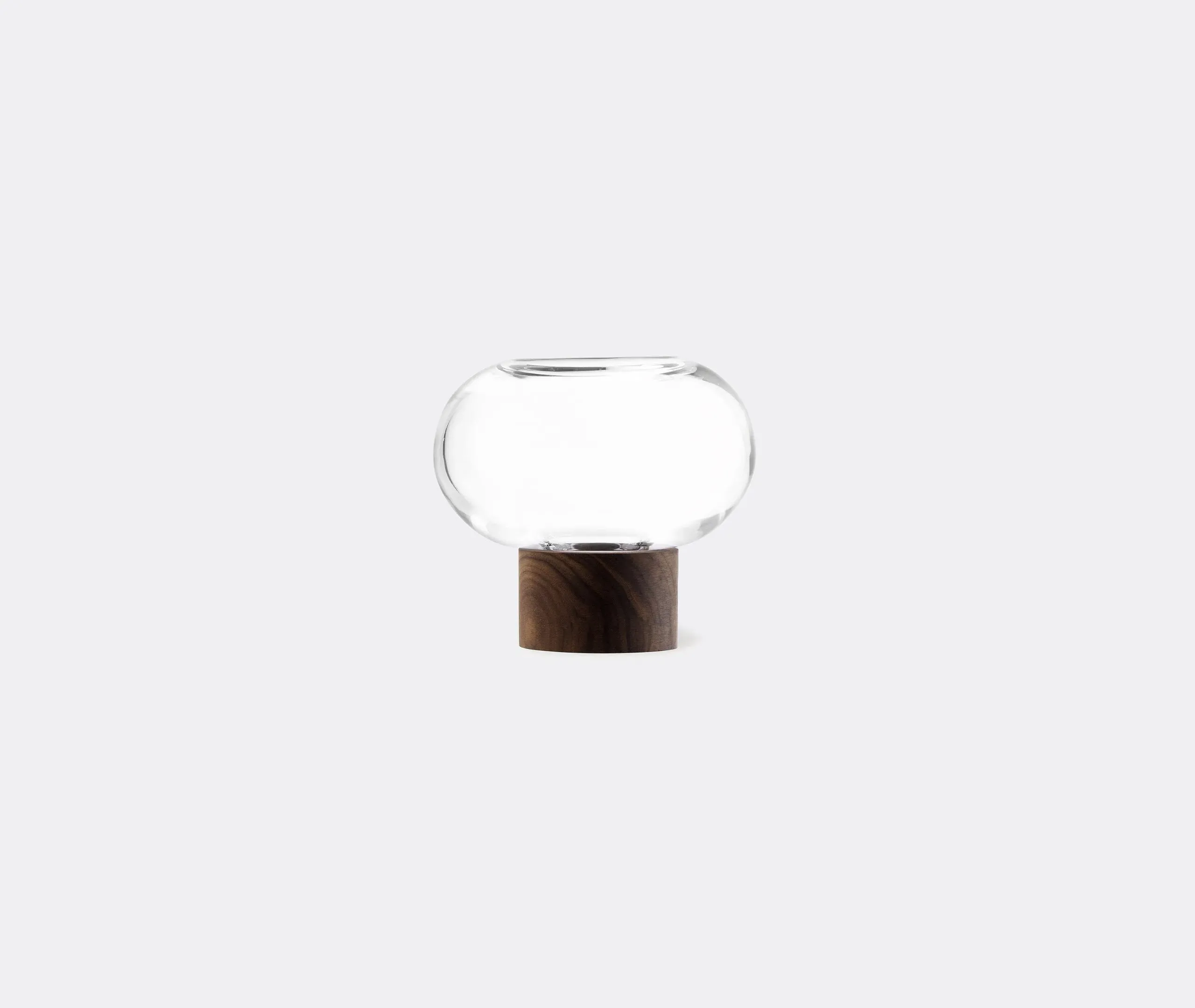 Small Oblate Vase with Walnut Base - Clear Glass