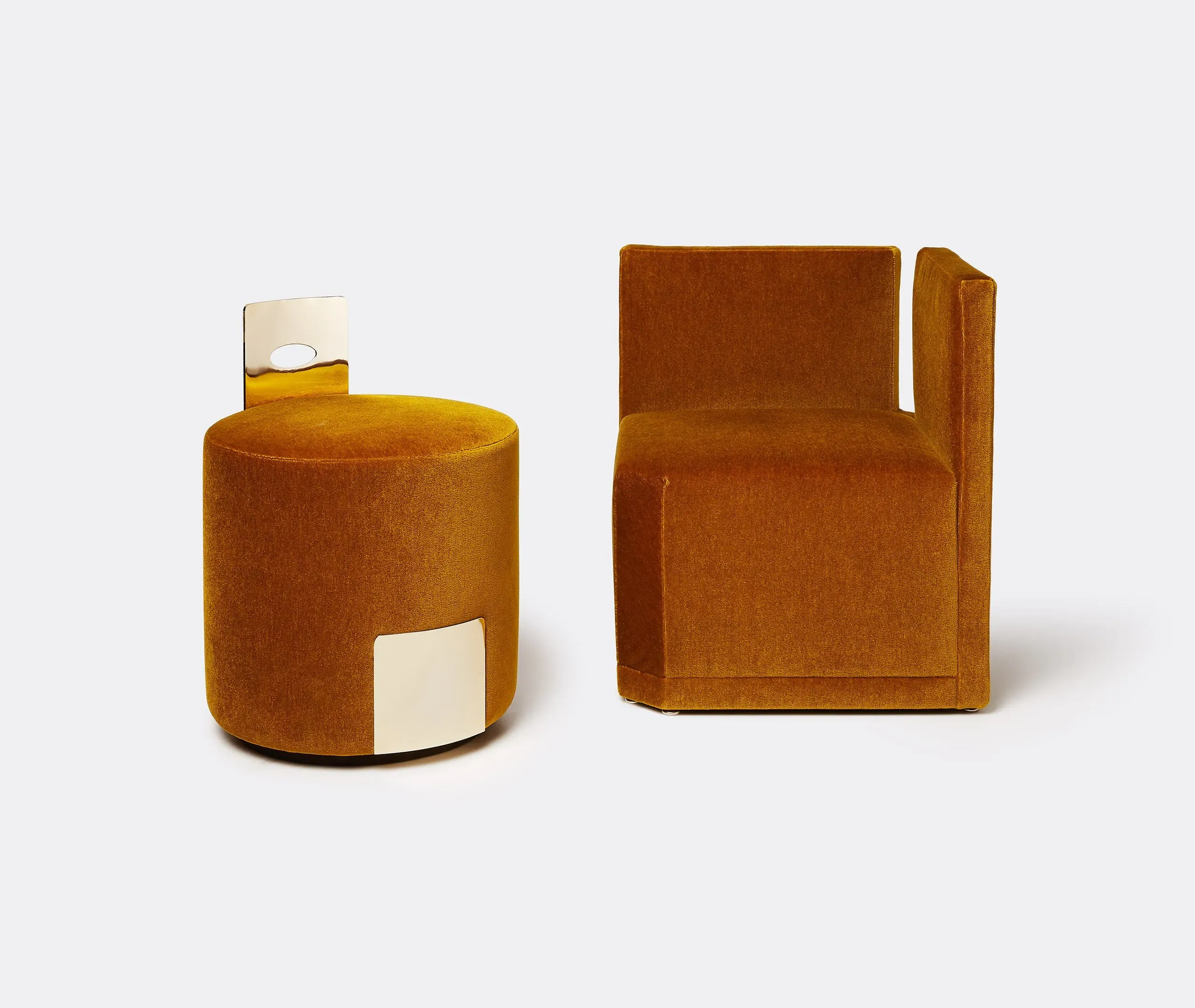 Round Pouf with Brass Frame - Mustard, Velvet