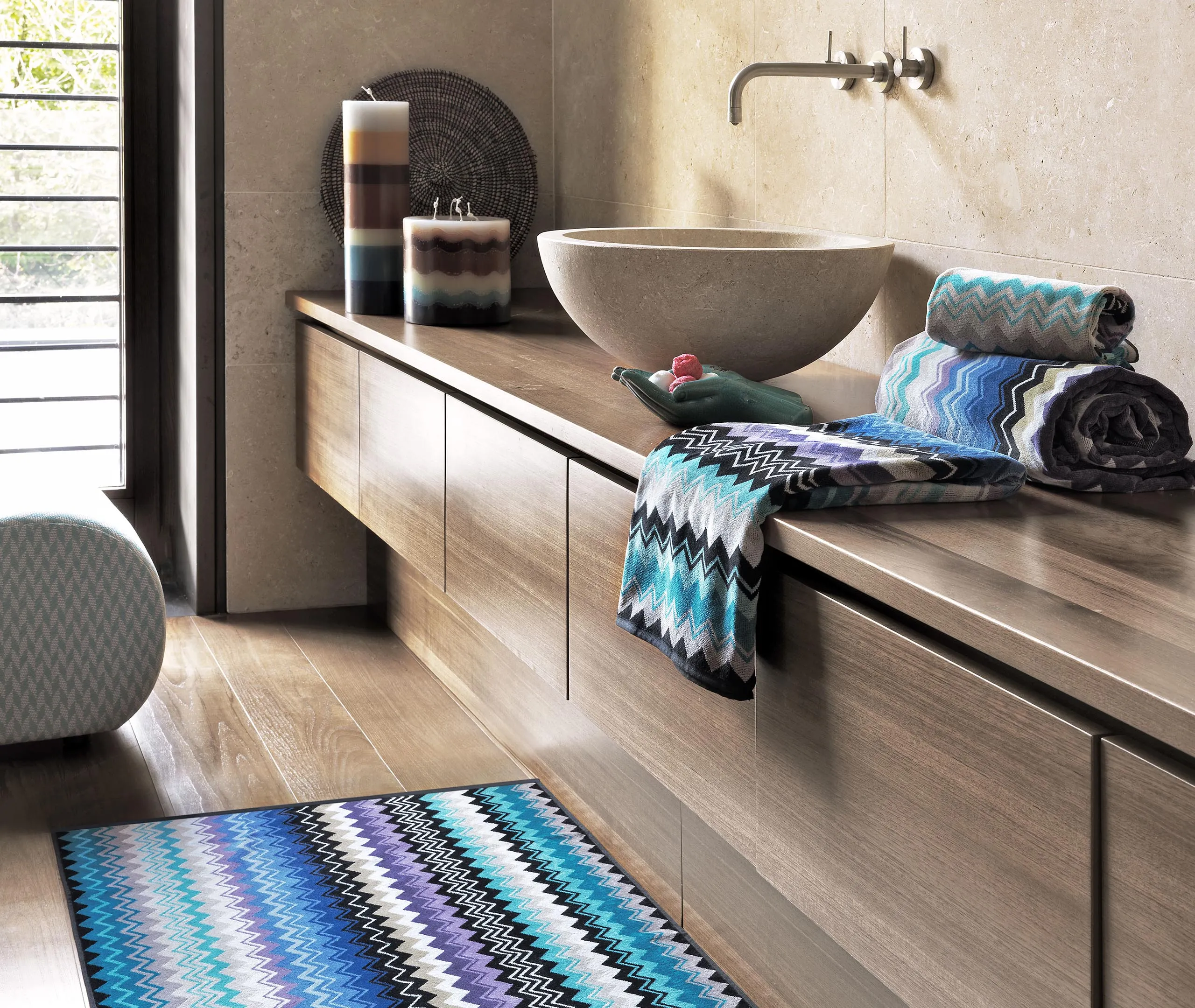 Bath Towel with Zigzag Pattern - Blue, Cotton