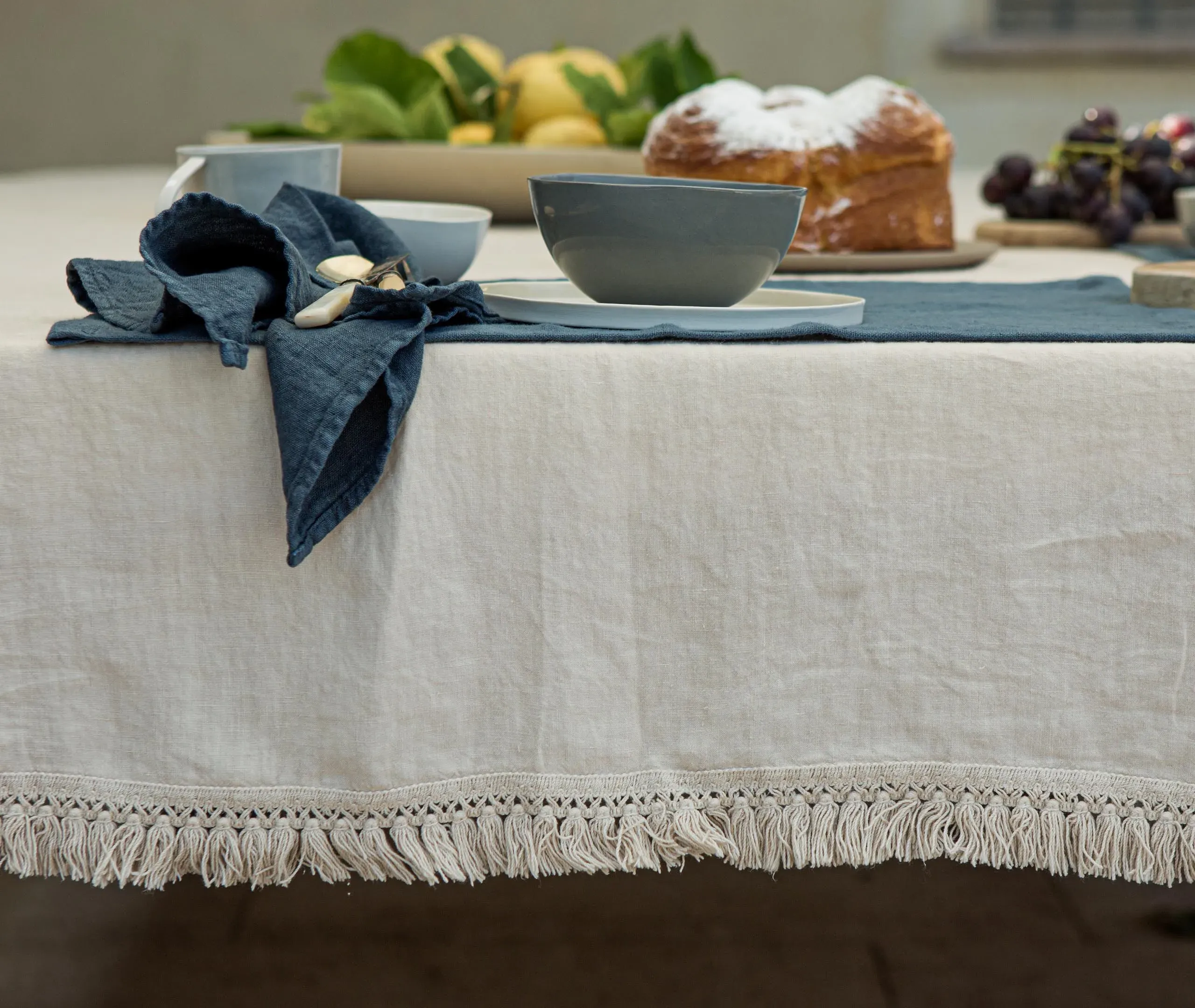 Large Tablecloth with Fringes - Cream, Linen