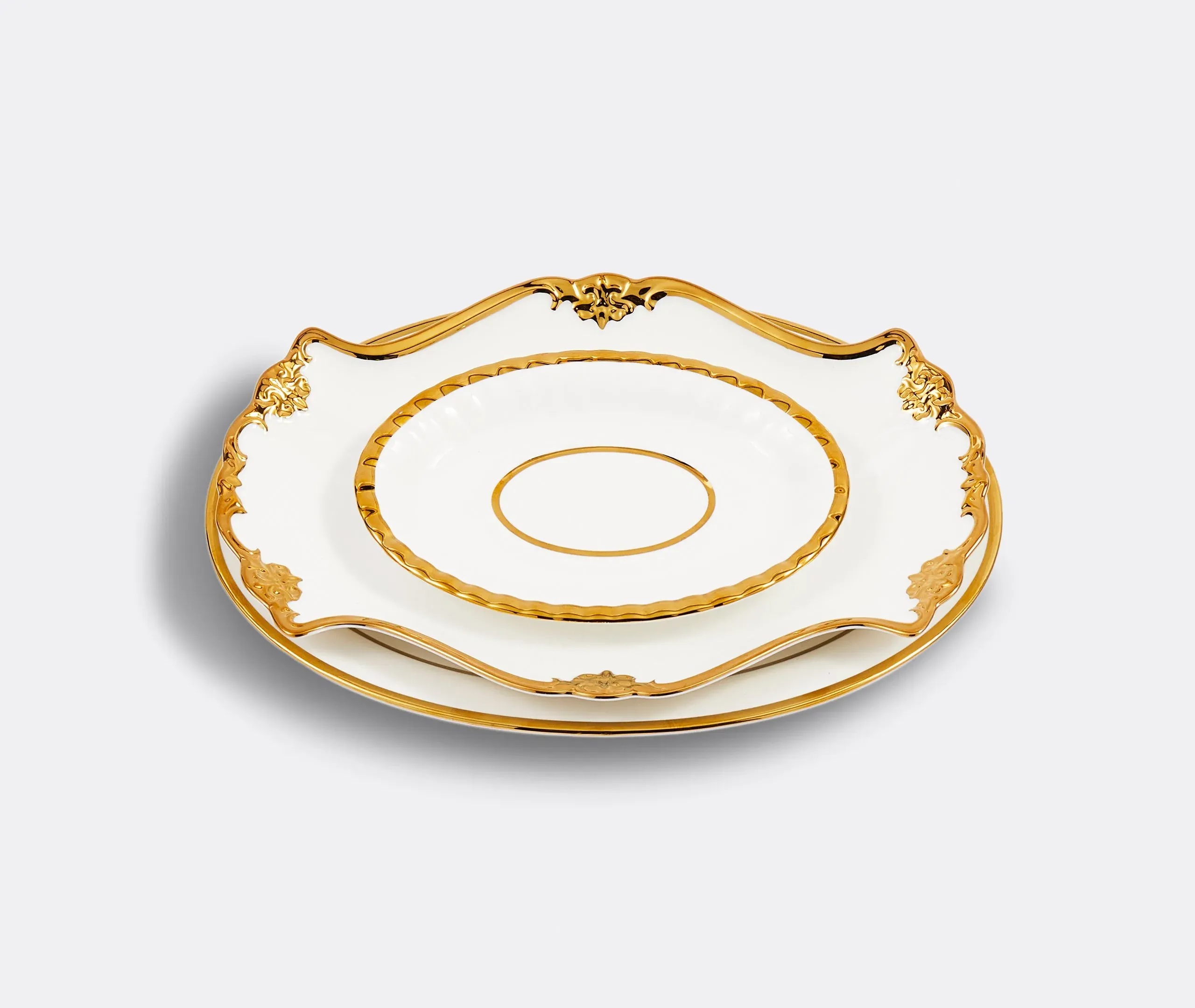 3-Piece Platter Set with Gold Accents - White
