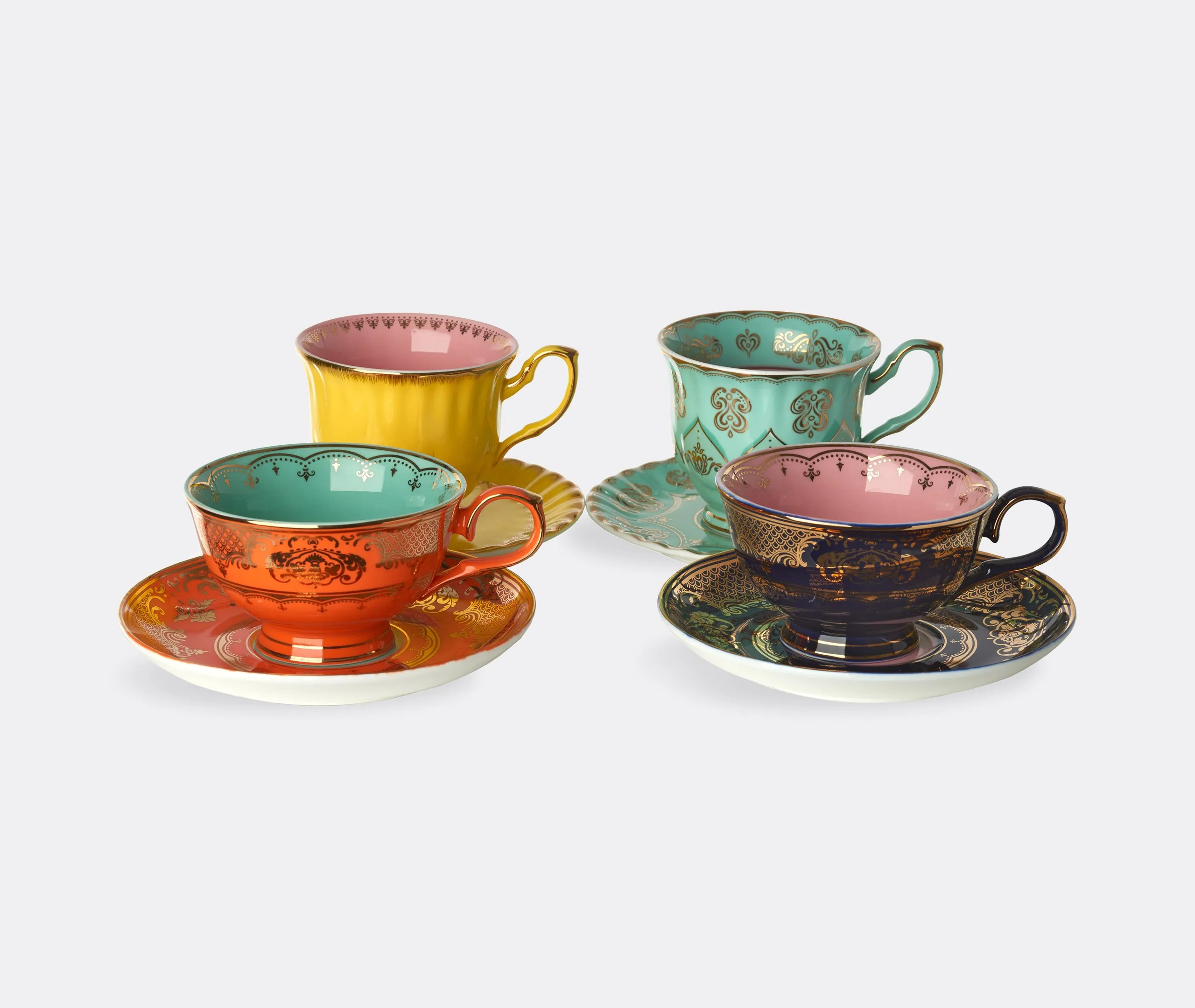 4-Piece Tea Cup Set with Saucers - Multicolor