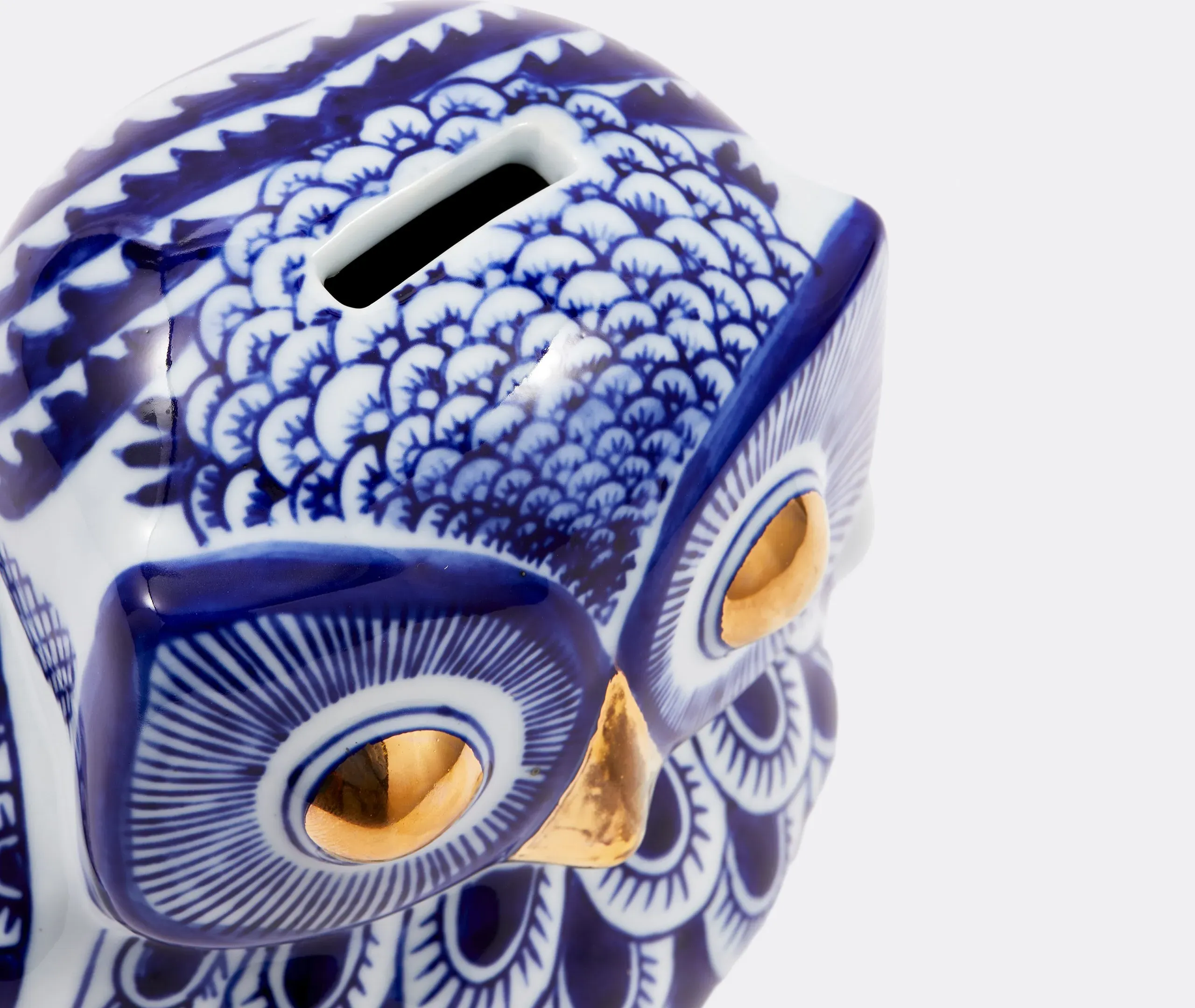 Owl Piggy Bank with Gold Accents - Blue, Porcelain