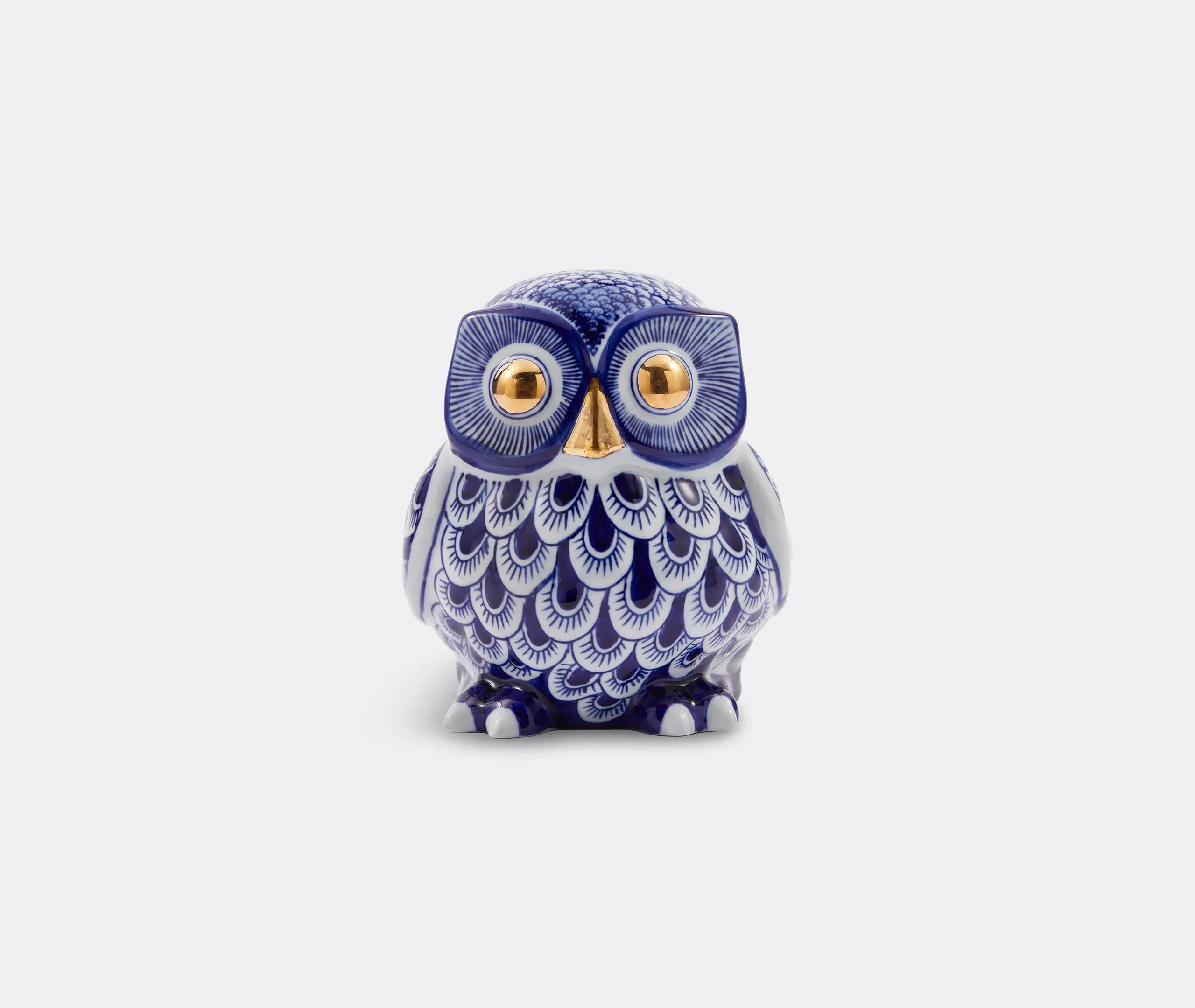 Owl Piggy Bank with Gold Accents - Blue, Porcelain