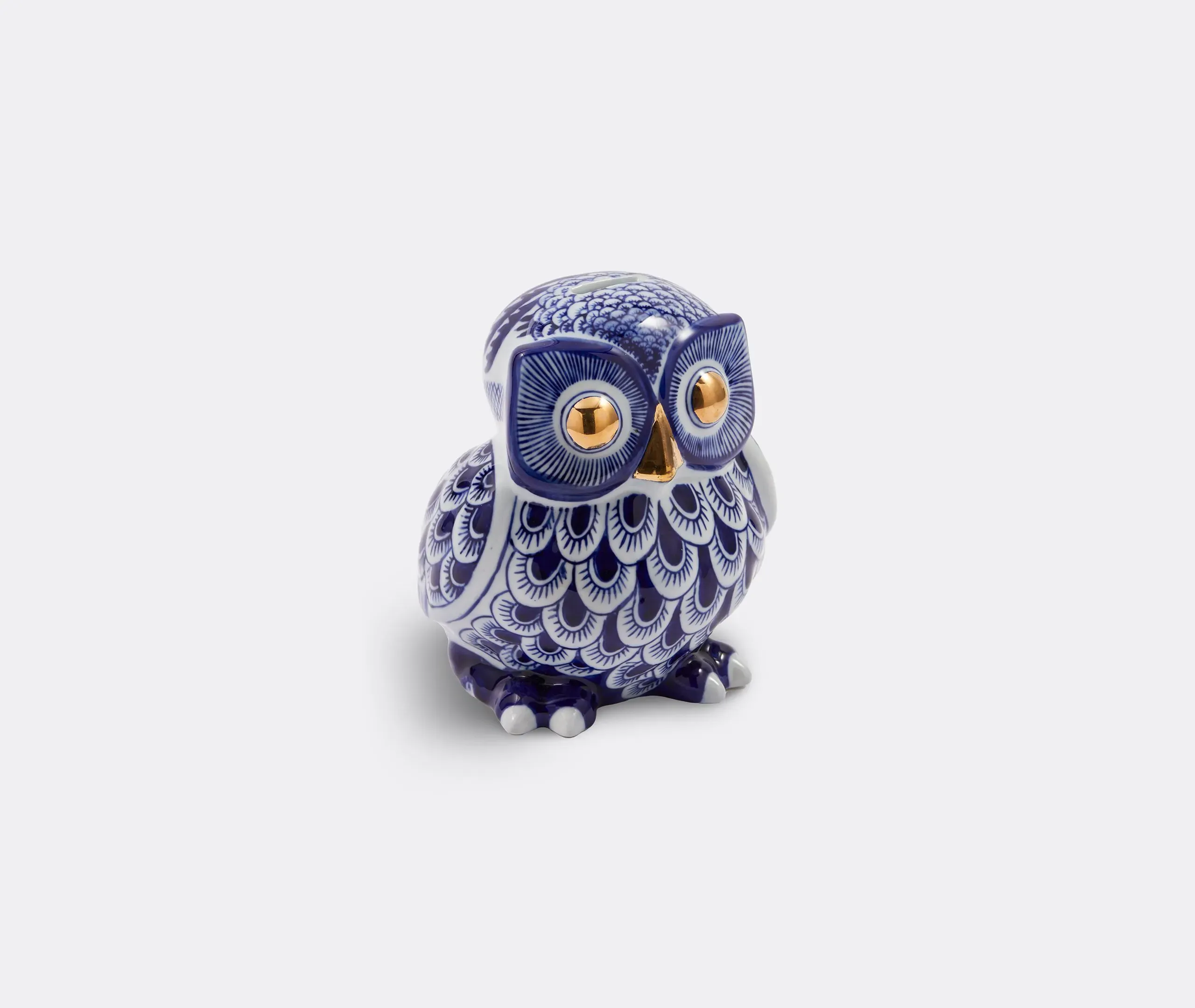 Owl Piggy Bank with Gold Accents - Blue, Porcelain