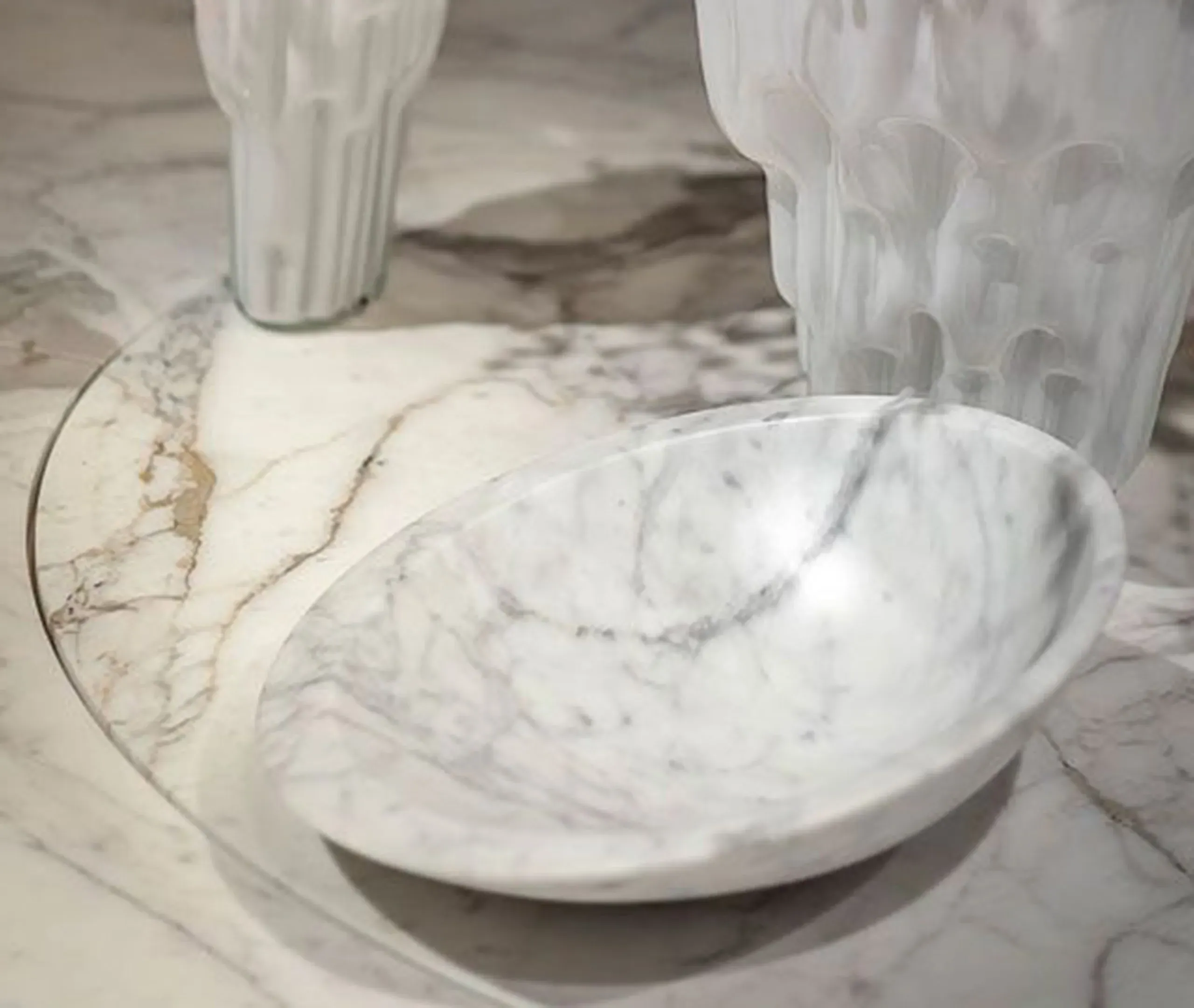 Asymmetrical Bowl with Brass Base - White, Marble