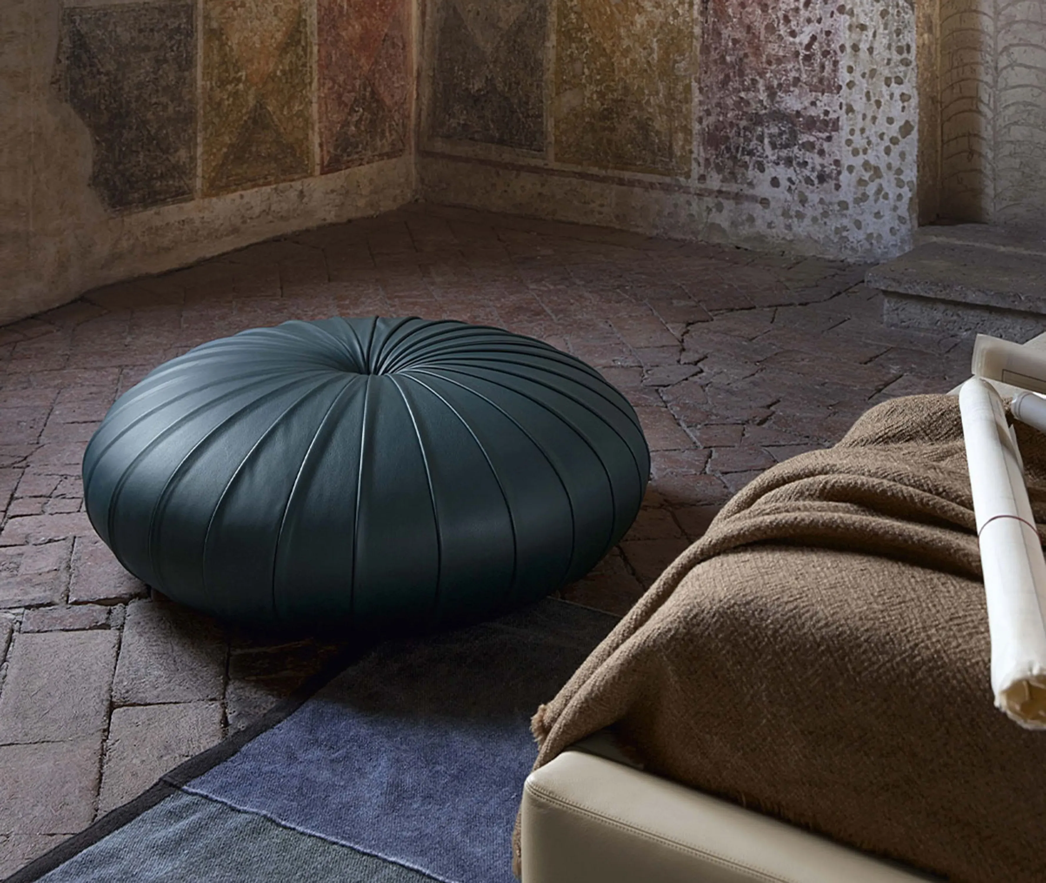 Circular Ottoman with Sunray Design - Brown Leather