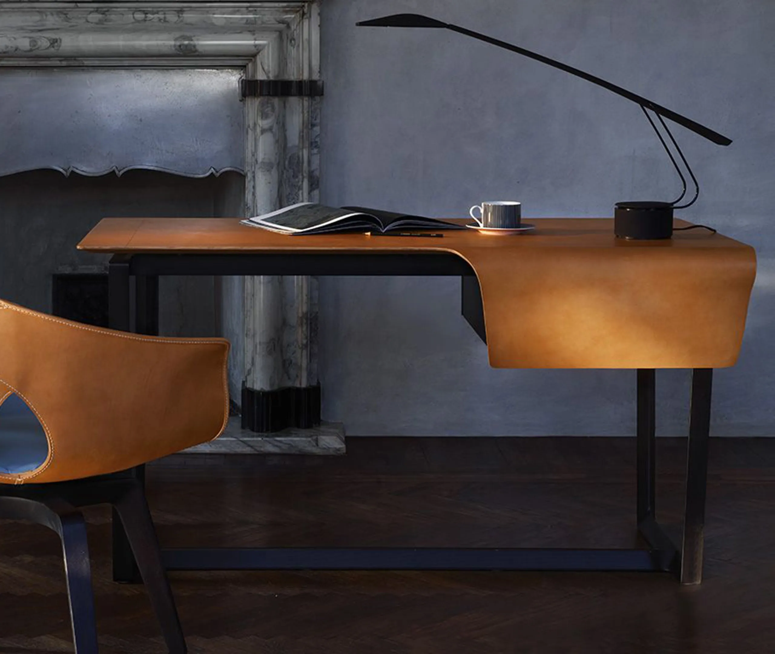 Curved Desk with Drawer - Light Brown, Leather