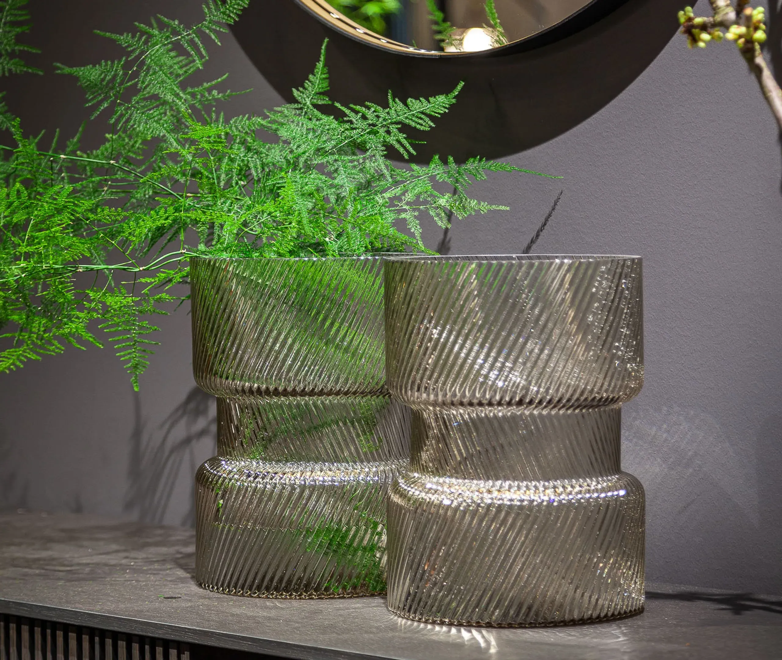 Large Glass Vase with Diagonal Lines - Grey