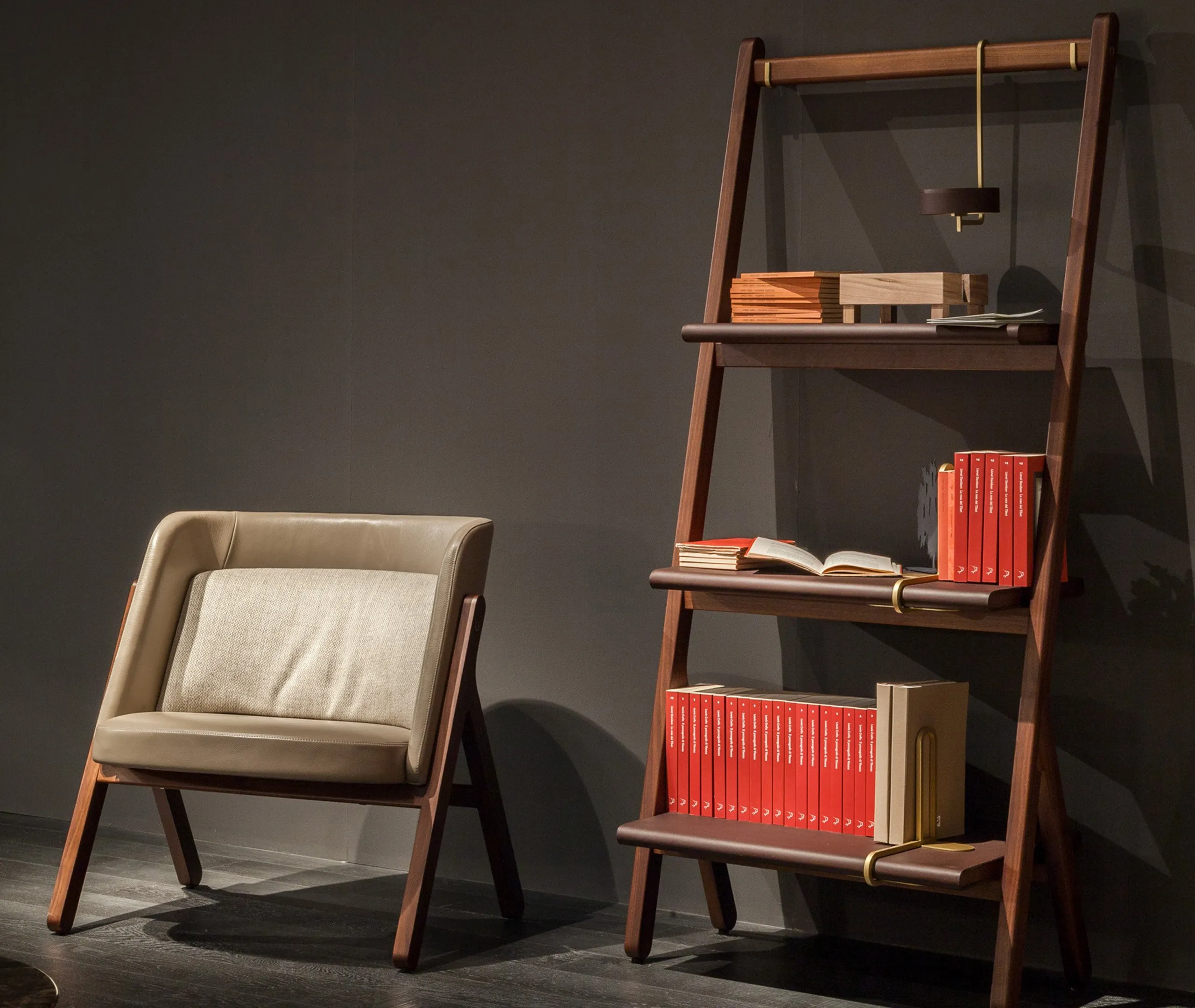 Low Bookcase with Tray - Brown, Leather