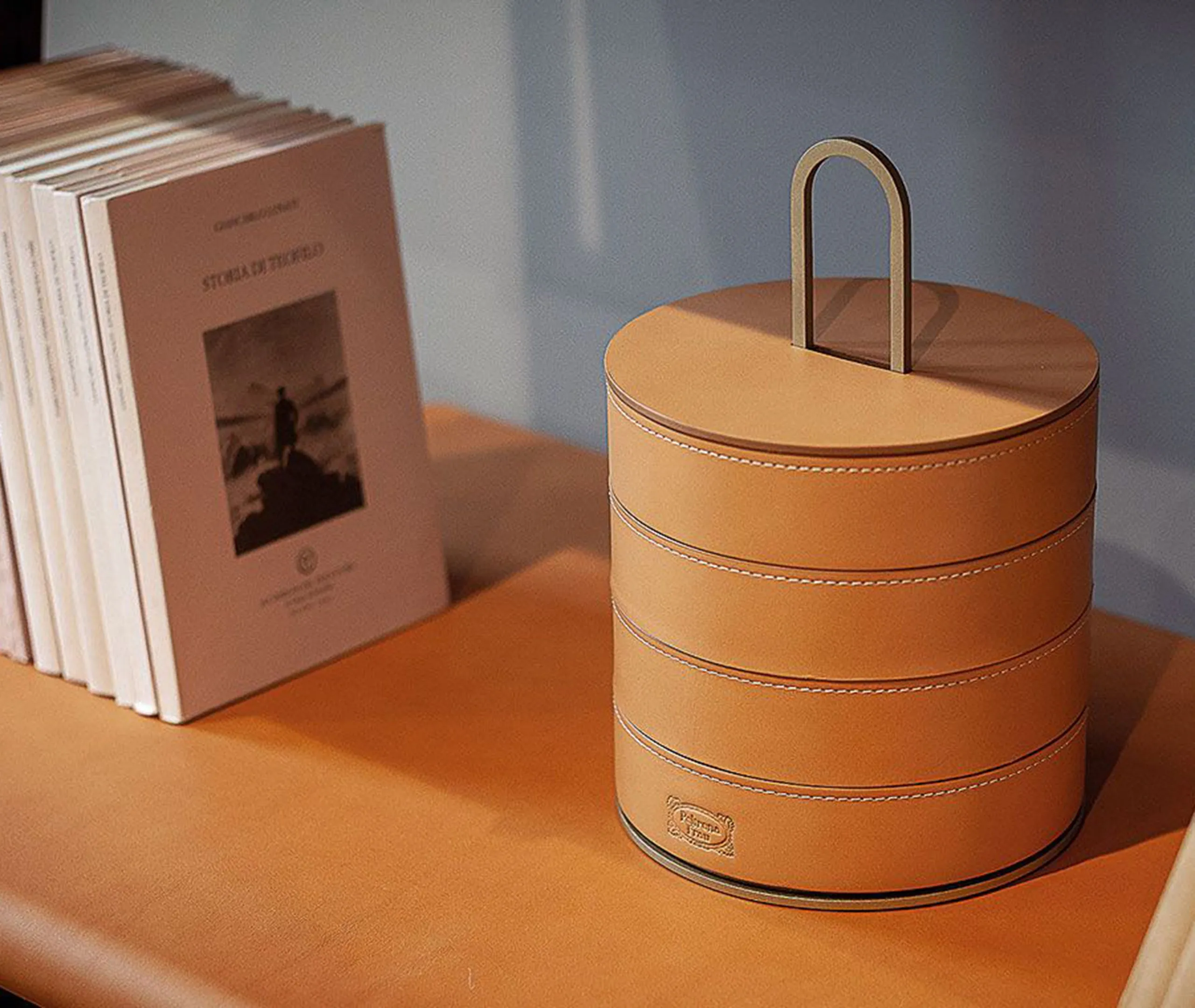 Round Stackable Storage Case - Light Brown, Leather