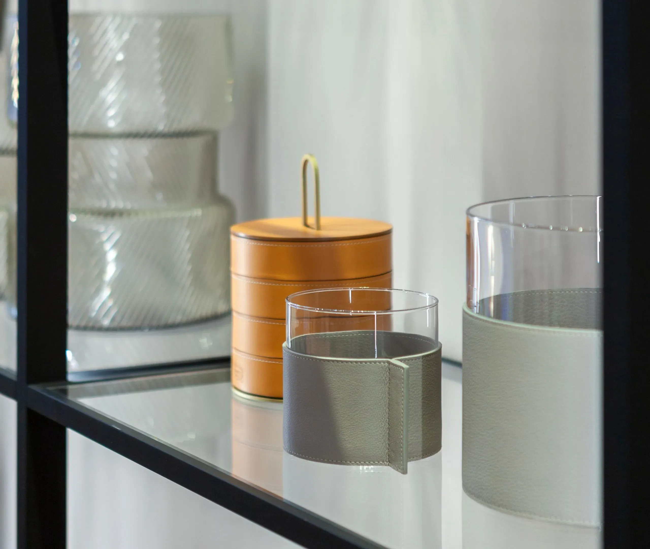Small Leather Vase with Glass - Grey, Leather