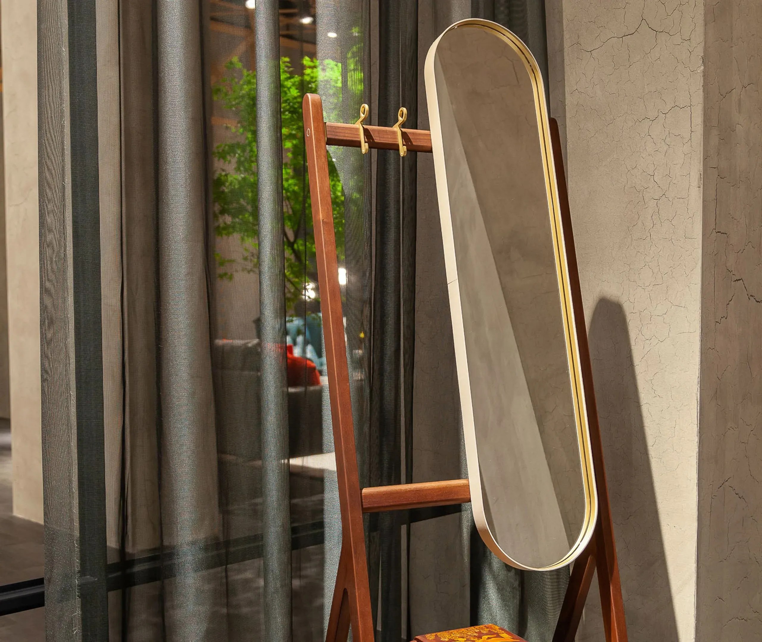 Standing Mirror with Shelf - Taupe, Leather