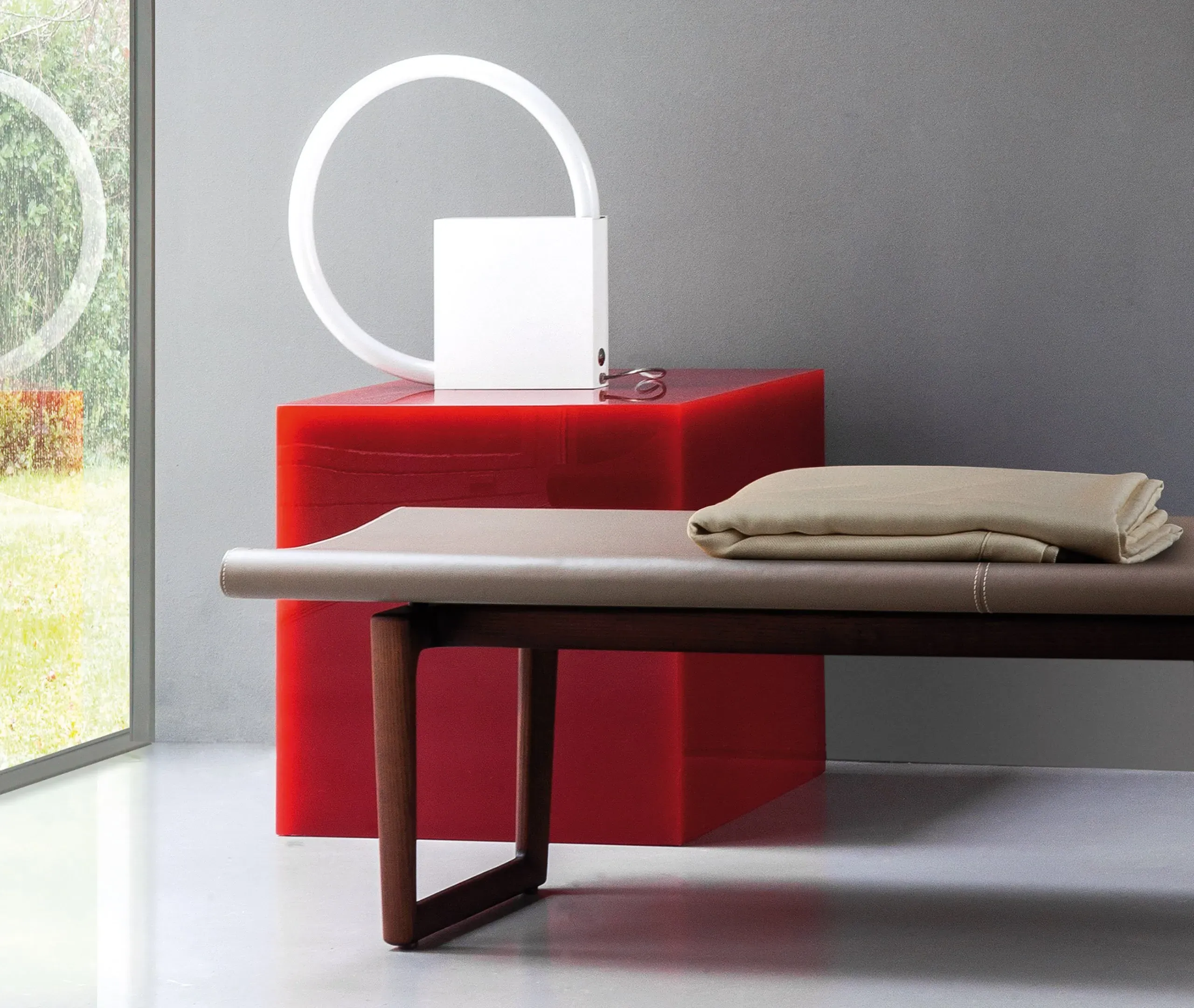 Upholstered Bench with Stitching - Grey, Leather