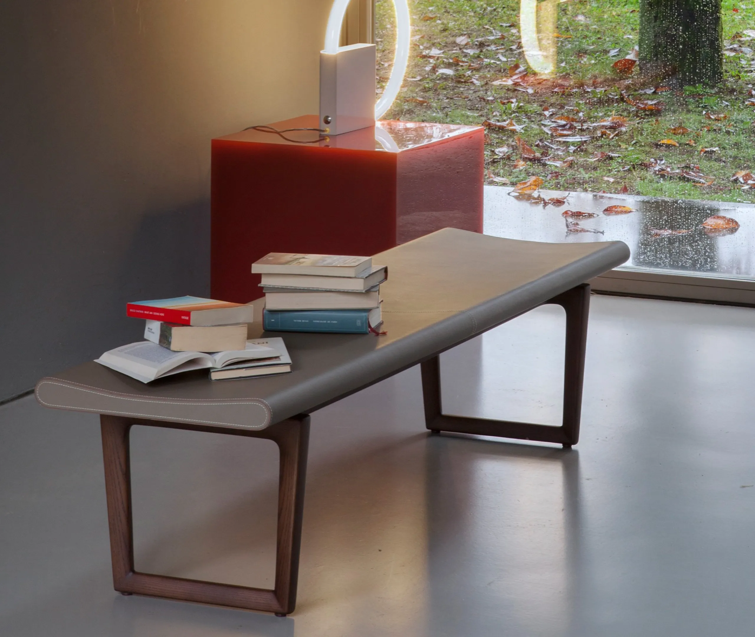Upholstered Bench with Stitching - Grey, Leather