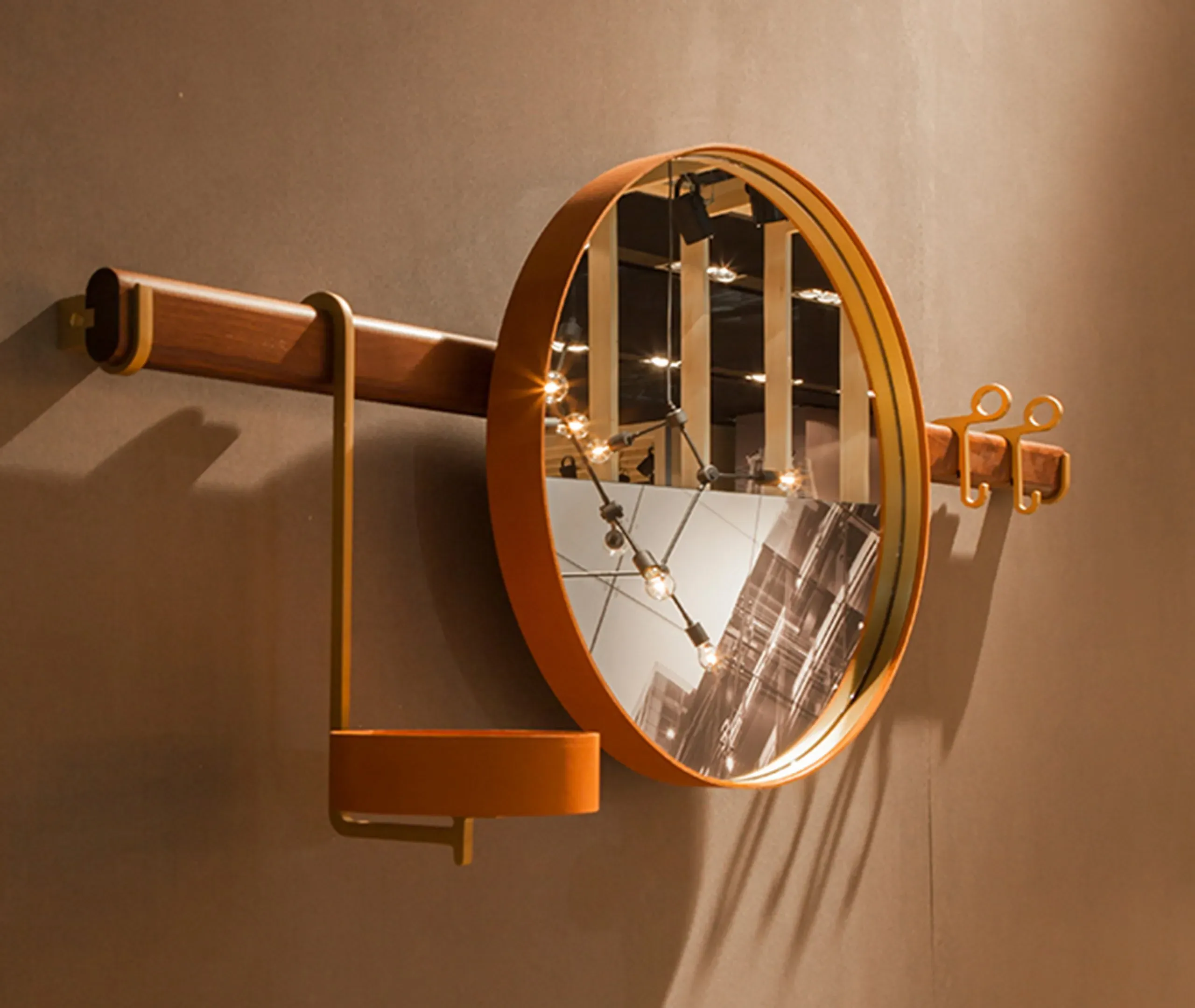 Wall Mirror with Hooks - Light Brown, Leather