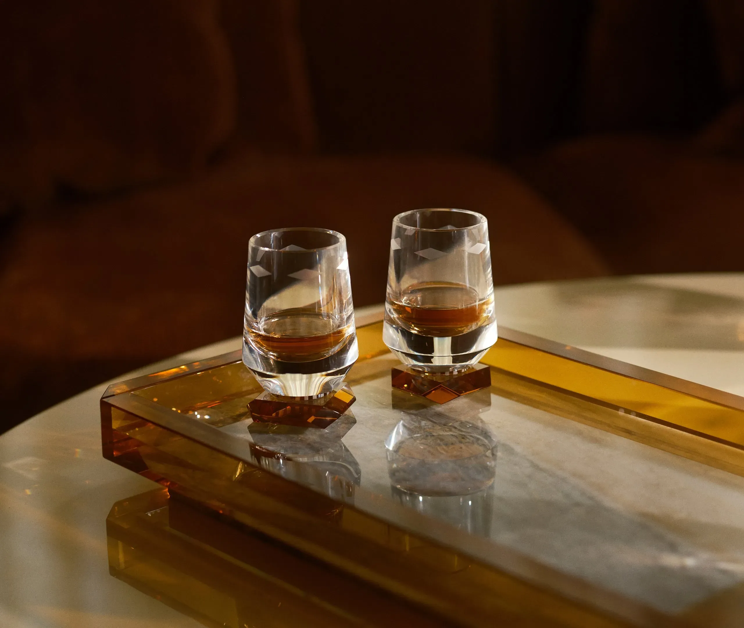 Set of 2 Glasses with Bevelled Base - Amber, Crystal