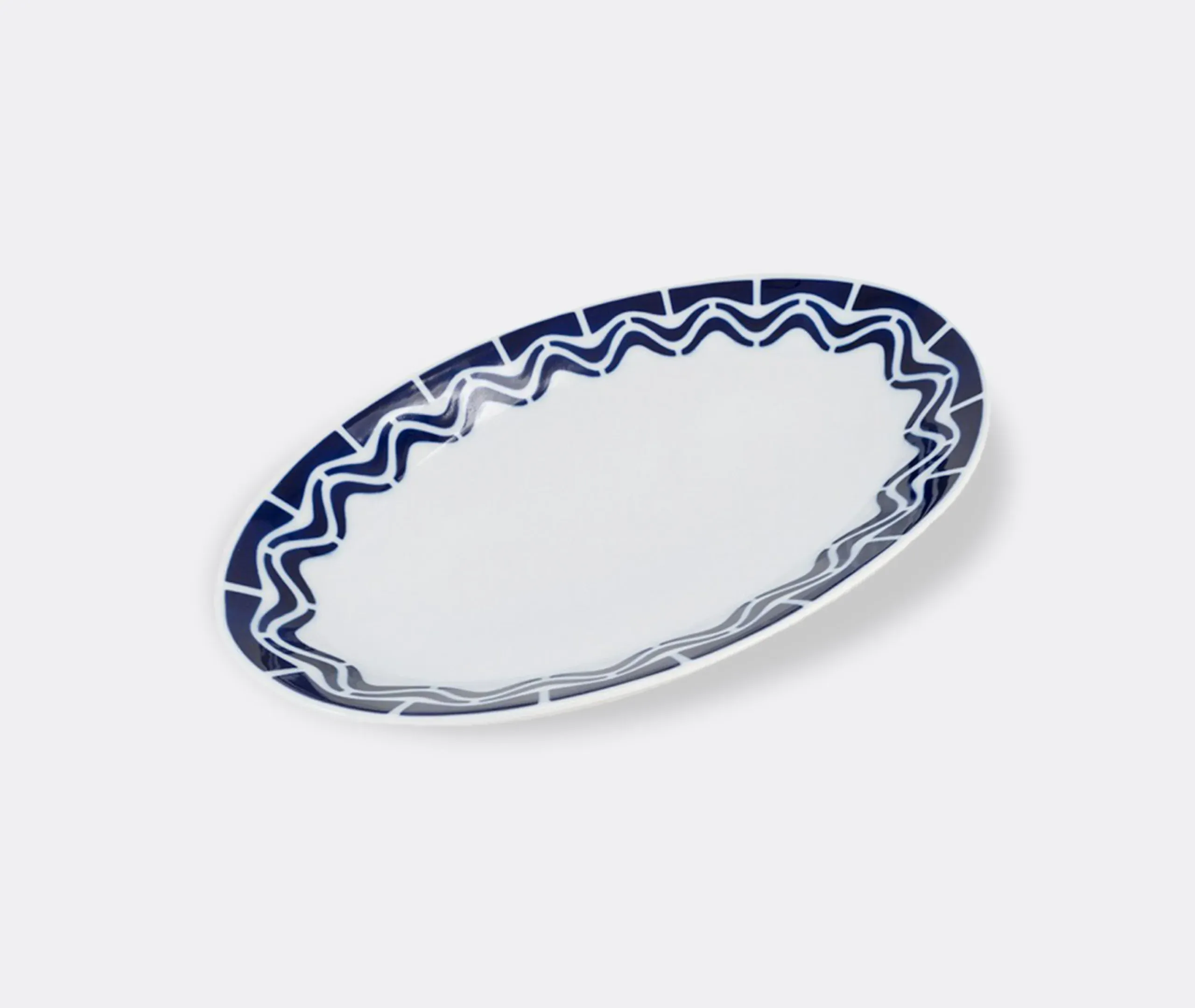 Oval Serving Tray with Rolling Motif - Blue, Ceramic
