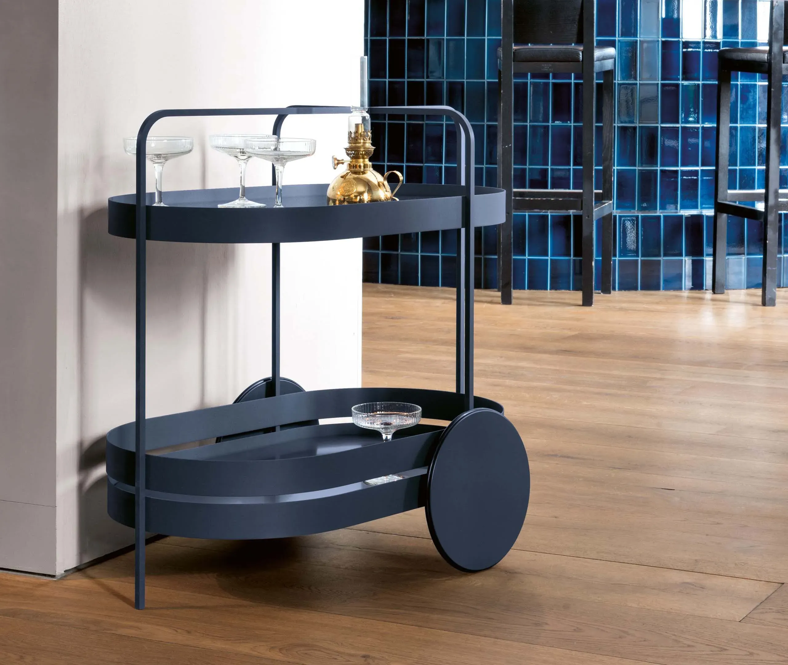 2-Tier Serving Trolley with Glass Top - Blue, Metal