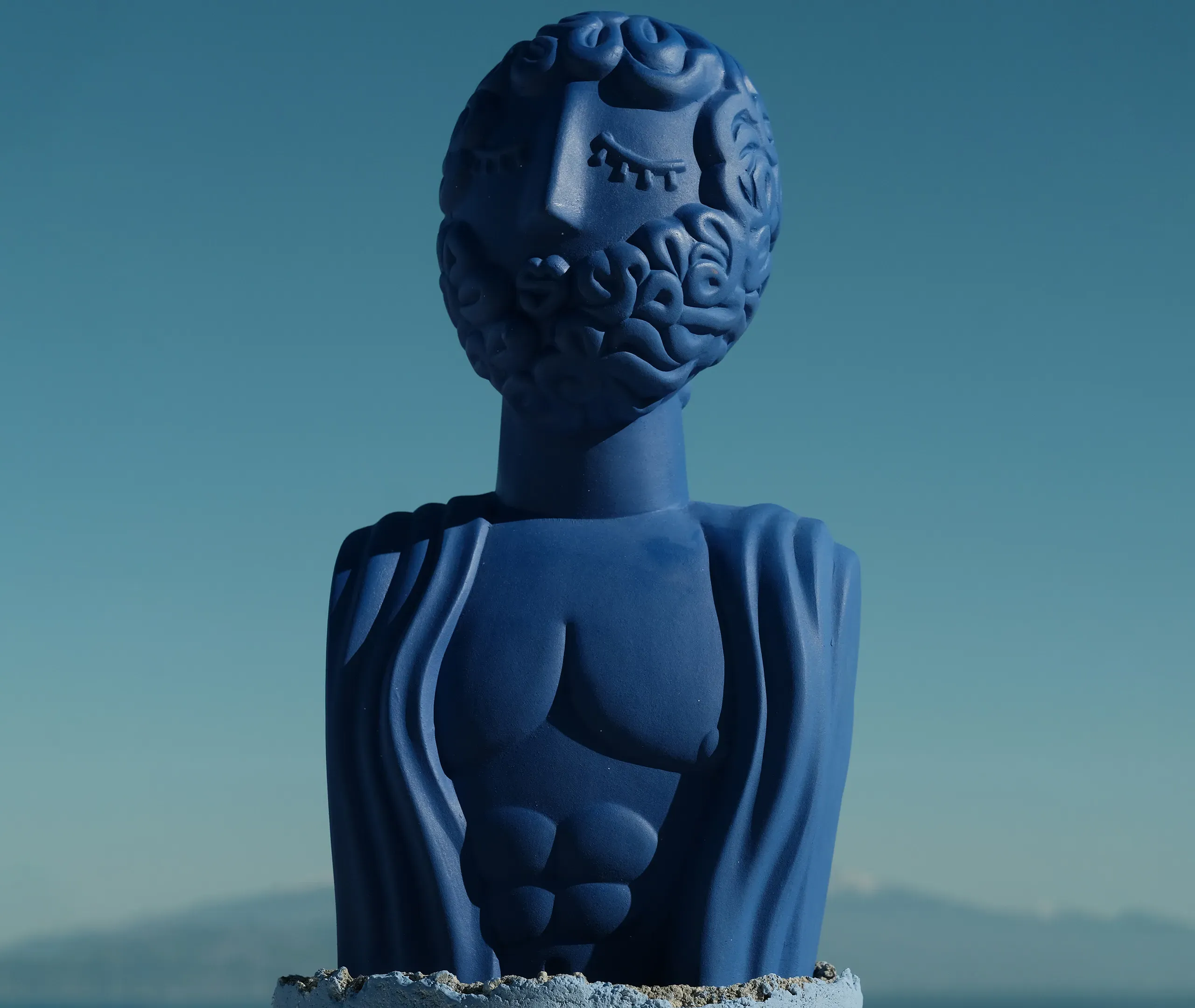 Magna Graecia Man Terracotta Bust - Cobalt Blue
