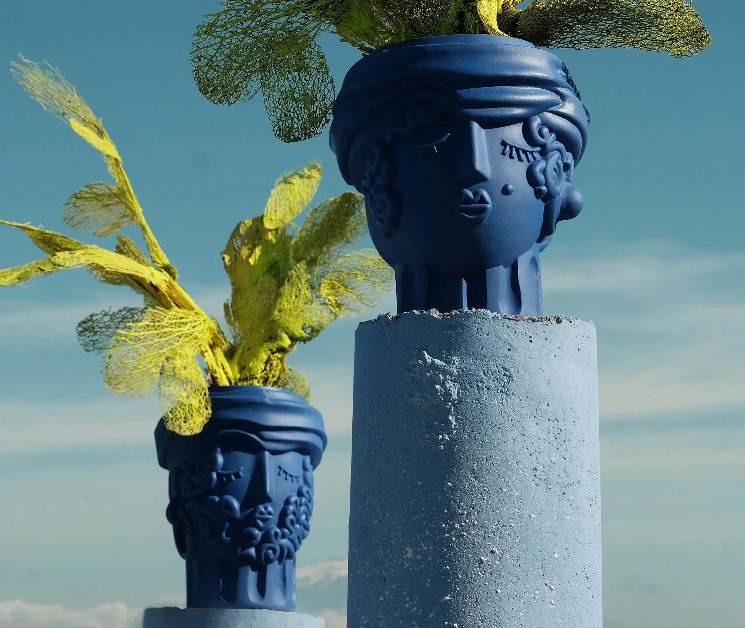 Man Face Terracotta Vase - Cobalt Blue